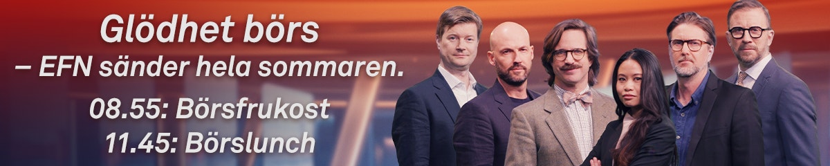 Bannerannonsbild för Glödhet börs sommarprogrammering på EFN. Visar sex personer mot röd bakgrund med programtider 08:55 Börsfrukost och 11:45 Börslunch.