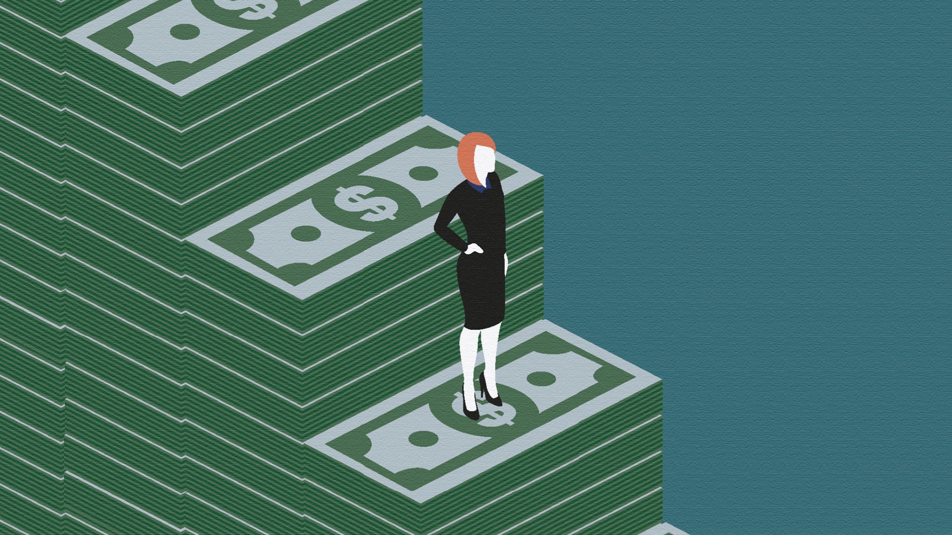Illustration av en person i affärskläderna som står på en stapel med sedlar och mynt. Bilden symboliserar ekonomi och finansiell framgång.