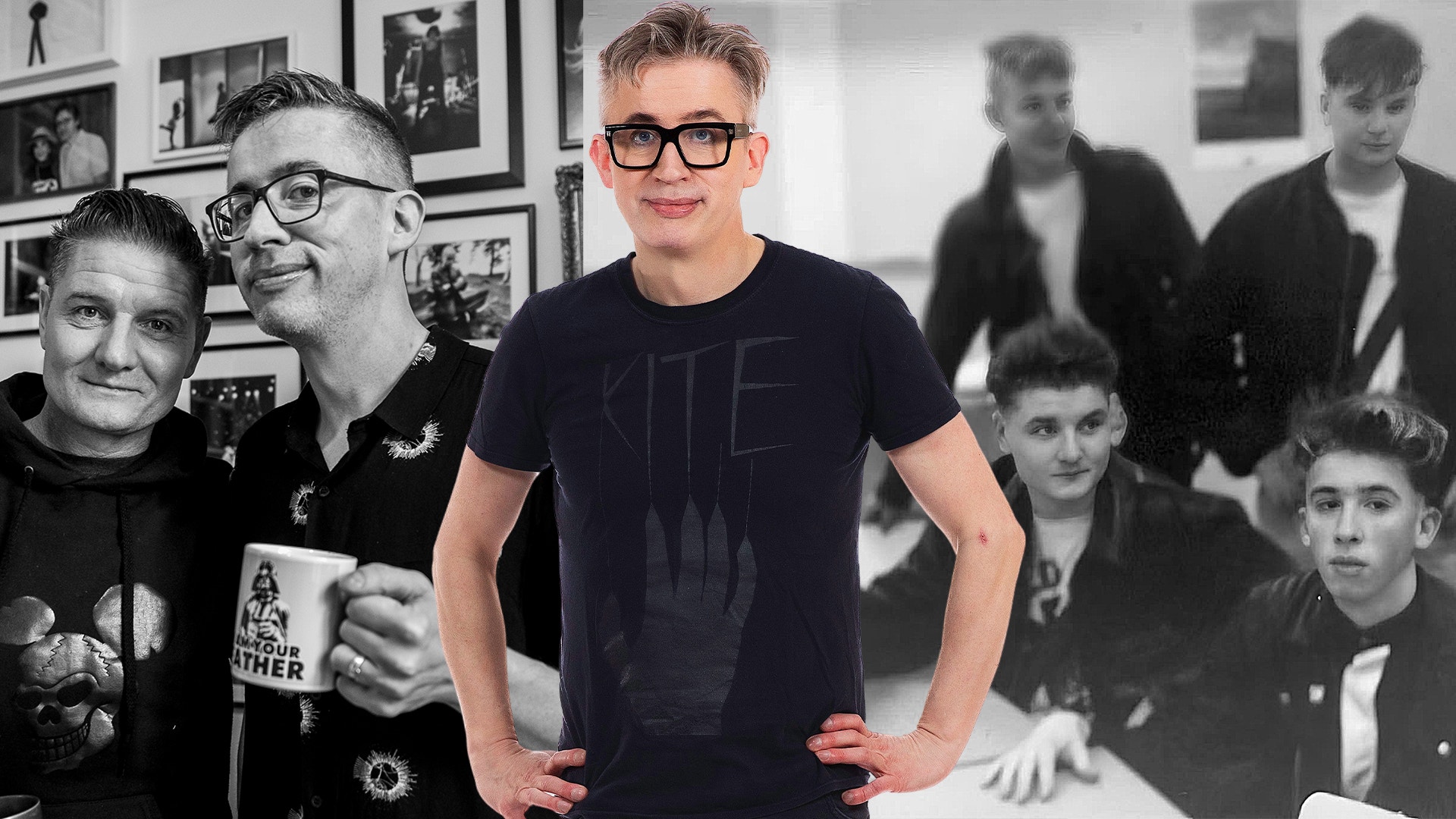 Fredrik Strage framför bilder av bandet Nitzer Ebb och deras sångare Douglas McCarthy.