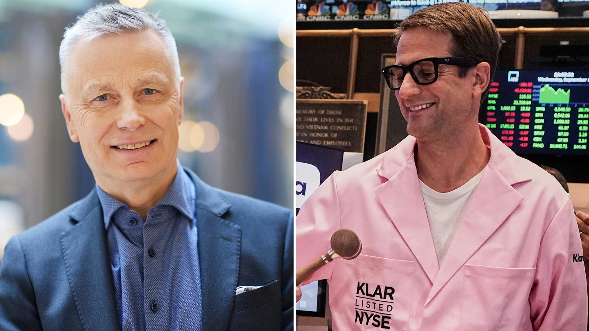 Collage med två leende män. Till vänster en grånad man i kavaj. Till höger en man med glasögon och rosa labbrock på en börs.
