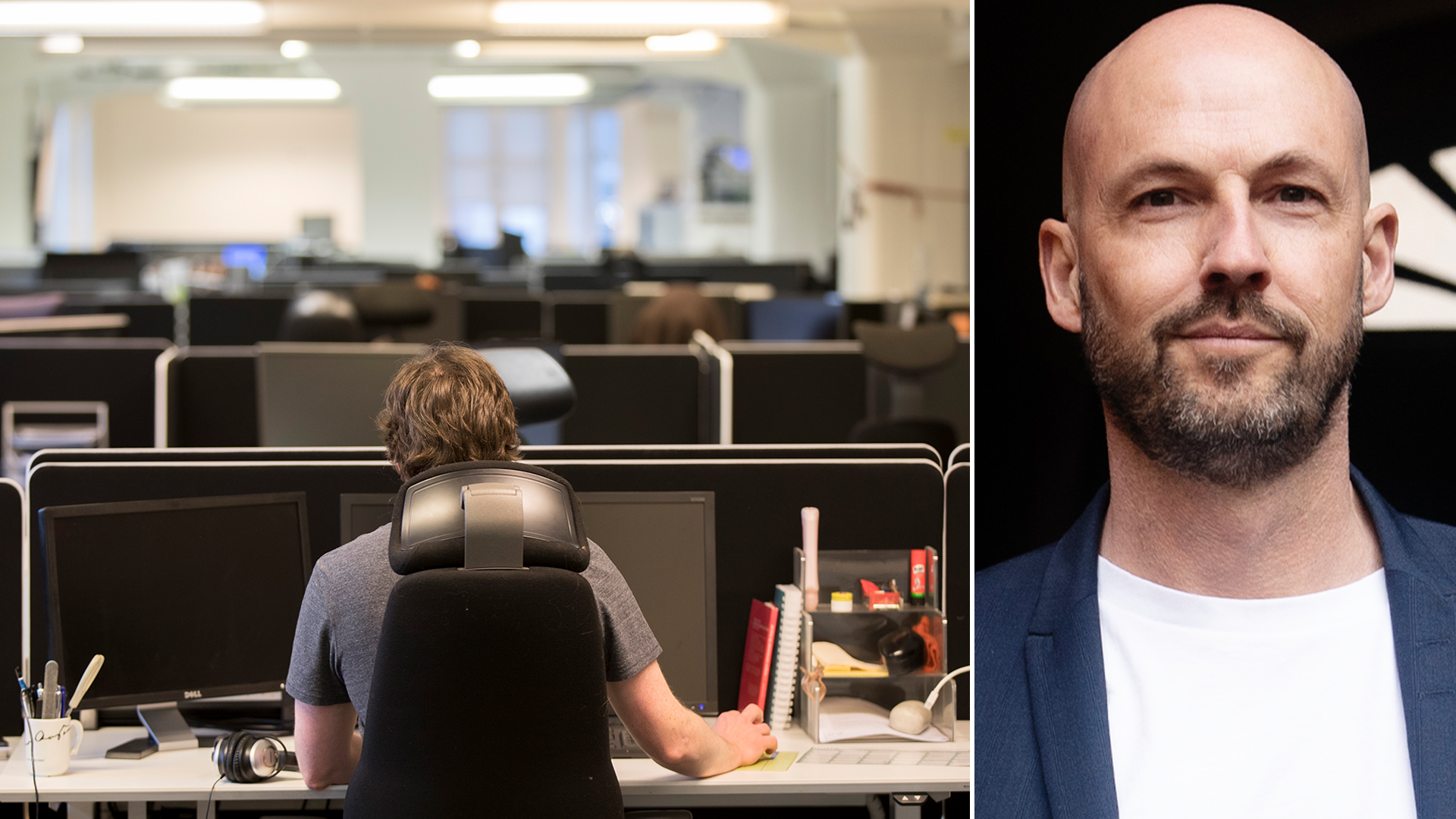 Två bilder: till vänster en person som arbetar vid ett skrivbord på ett kontor, till höger ett porträtt av en man med skägg.