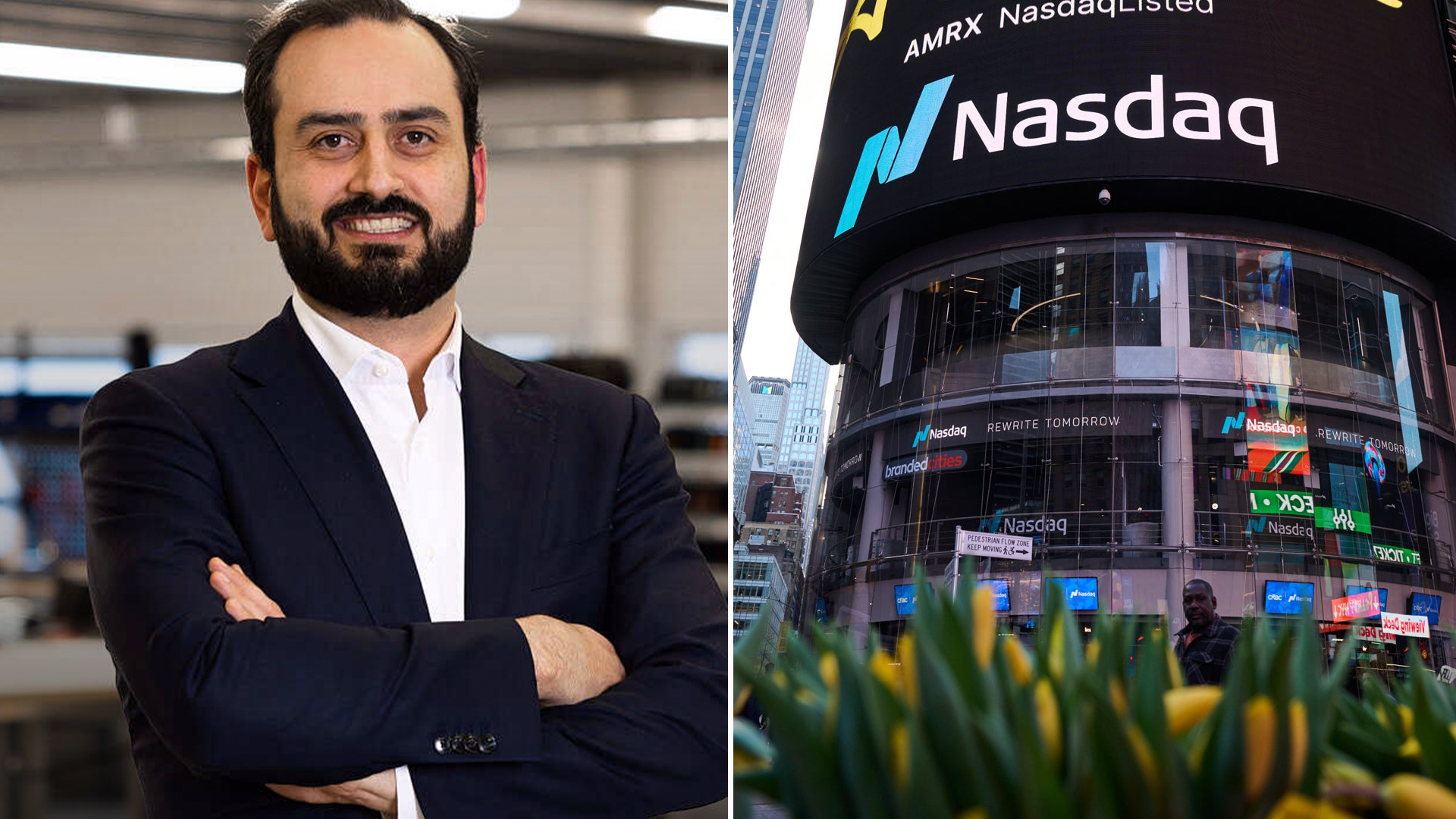 Kollage med en man i mörkblå kostym på vänster sida och Nasdaq-byggnaden i New York på höger sida.