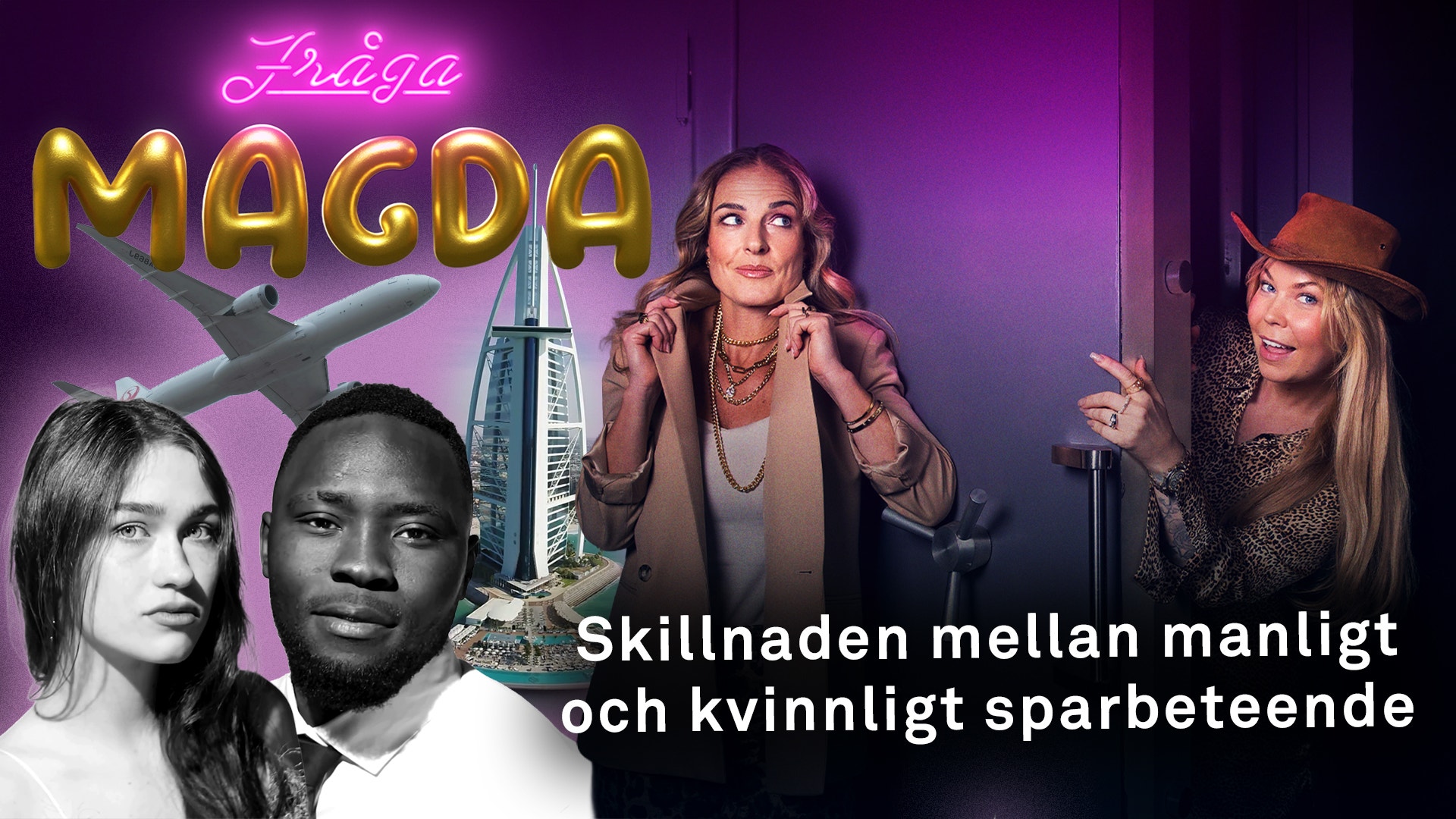Podcast-omslag för Zäta Magda med neonljus, porträtt av personer och en skyskrapa. Temat är skillnaden mellan manligt och kvinnligt sparbeteende.