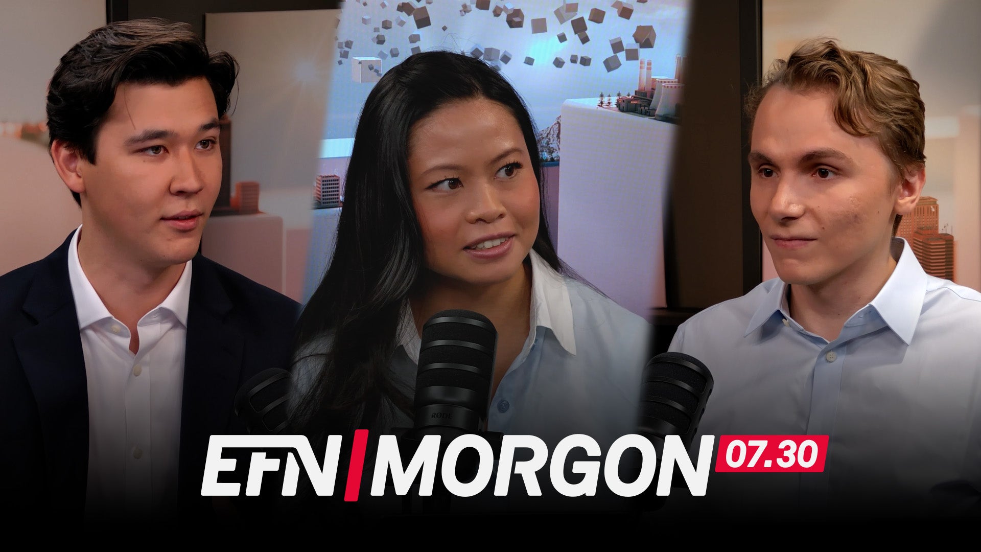 Tre personer i en studio med mikrofoner framför sig. Längst ned syns logotypen för EFN Morgon 07.30.