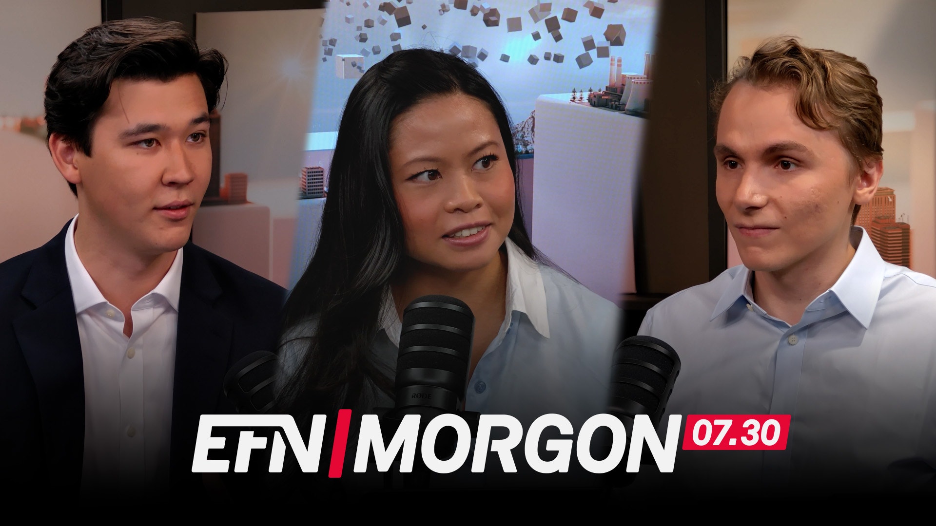 Tre personer i en studio med mikrofoner framför sig. Längst ned syns logotypen för EFN Morgon 07.30.