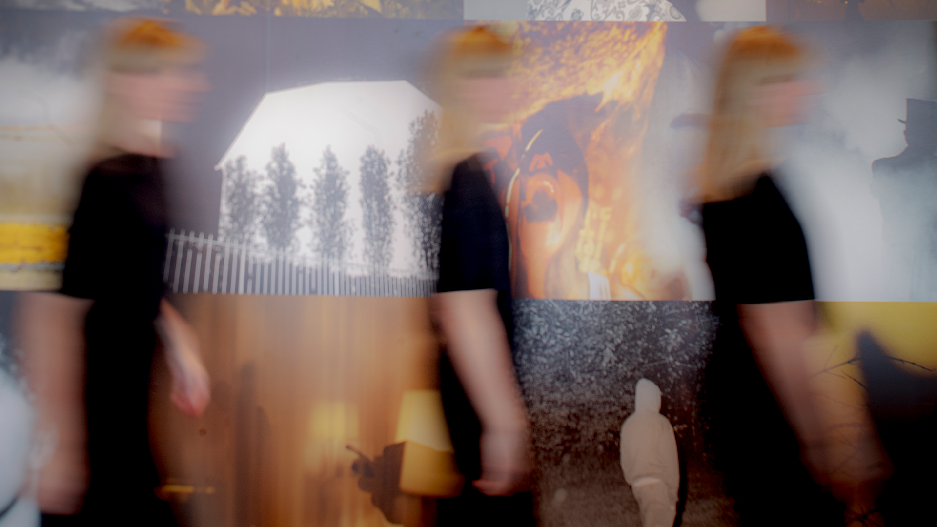 Abstrakt bild av flera personer i svart kläder med överlappande naturmotiv och rörelseeffekter.