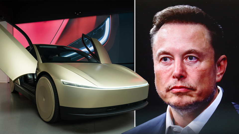 Ett montage av Elon Musk och Teslas guldiga Robotaxis.