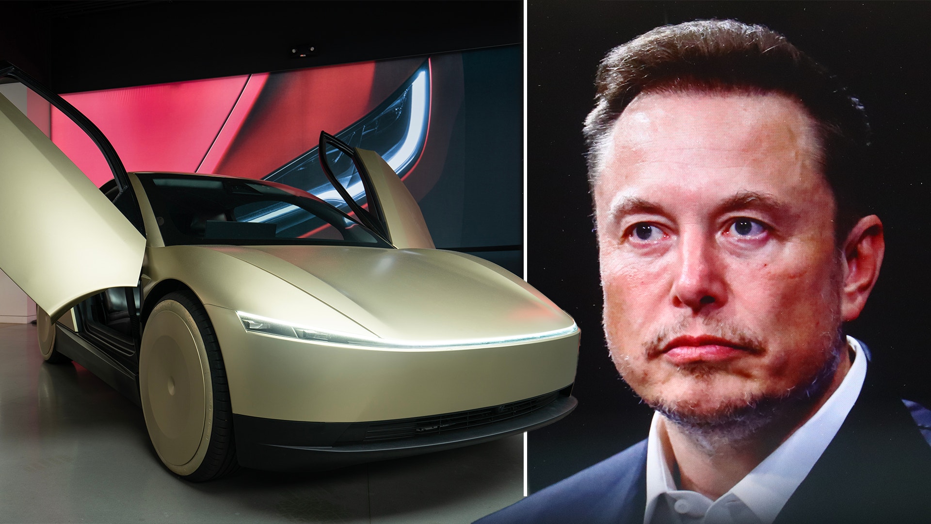 Ett montage av Elon Musk och Teslas guldiga Robotaxis.