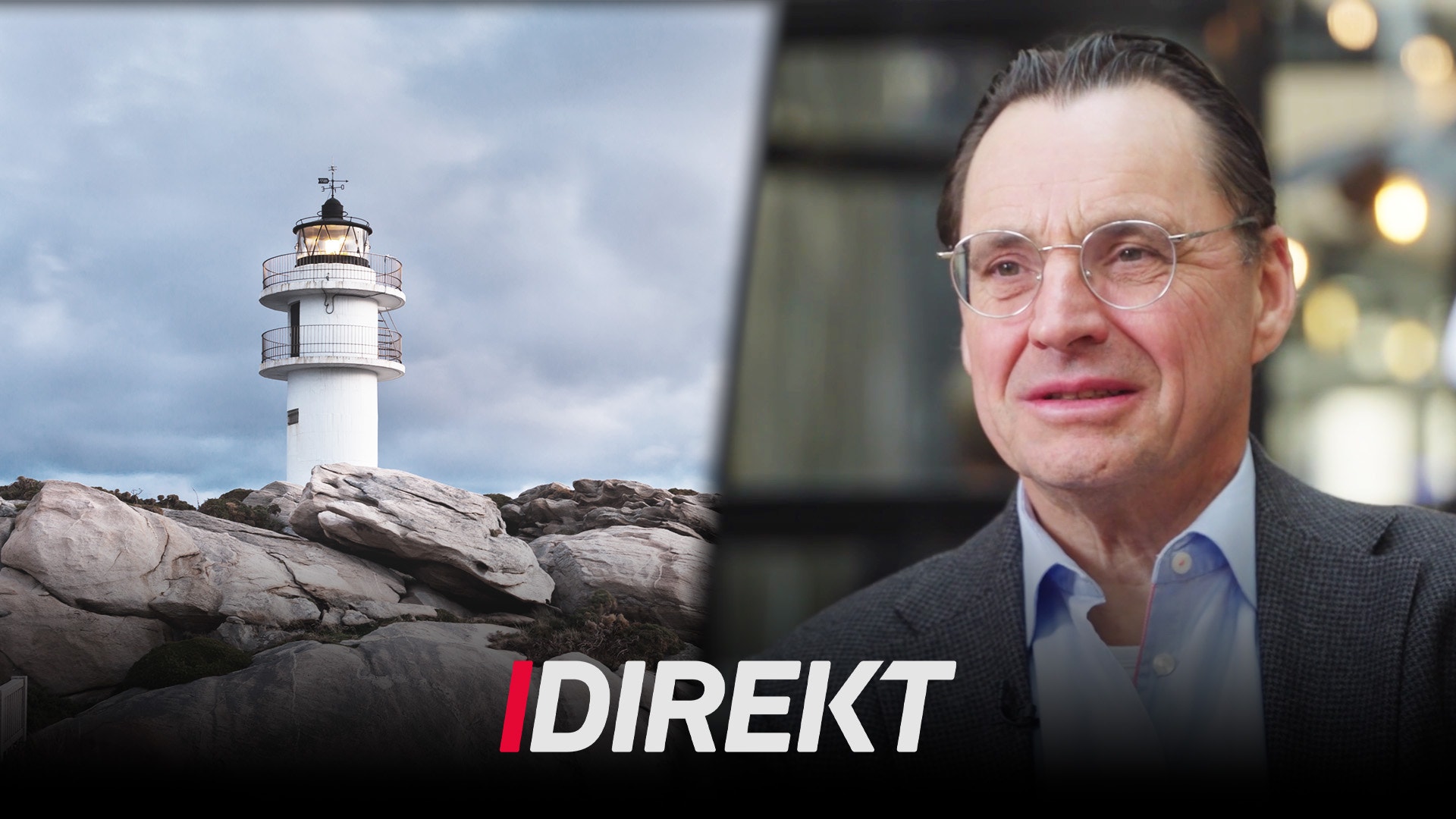 Porträtt av Fredrik Karlsson med ett fyrtorn på stenig kust i bakgrunden