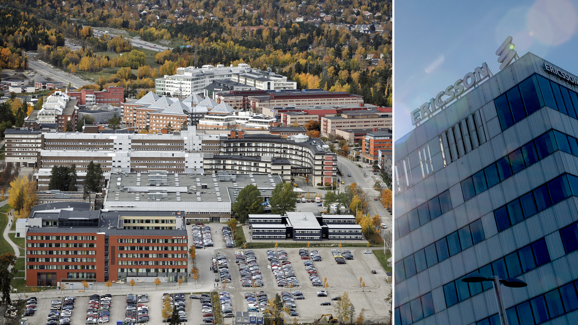 Ericssons huvudkontor i Kista, Stockholm. Vänster bild visar en flygfoto av kontorsområdet med byggnader, parkeringsplatser och omgivande skogsmark. Höger bild visar en närbild av en av huvudbyggnaderna.
