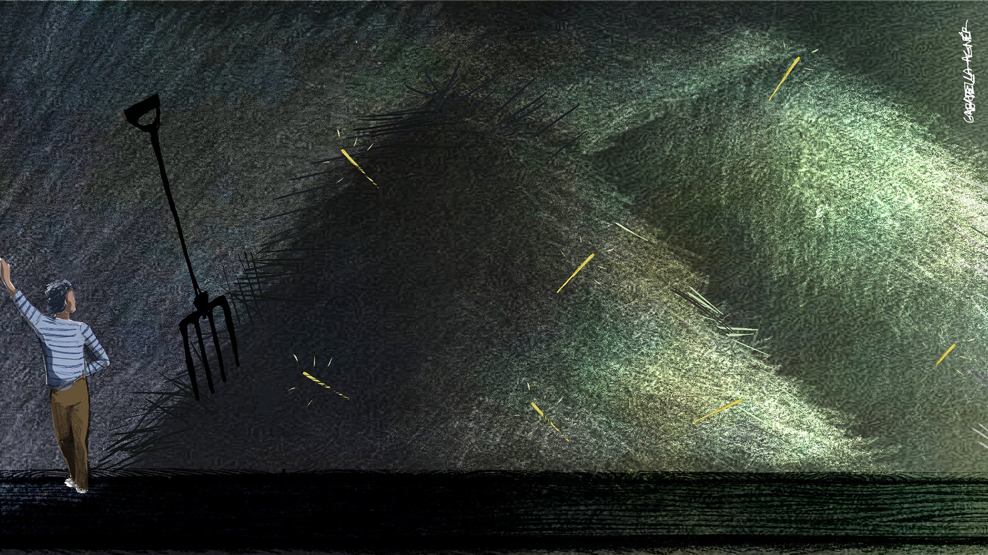 Illustration som visar en person som står vid gränsen mellan ett mörkt område och ett ljusare grönt område med guldiga pilar som pekar uppåt, symboliserande tillväxt och övergång till passiv inkomst.