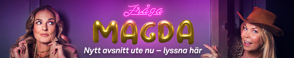 Bannerillustration för Fraga Magda-podcasten med två kvinnor och neontext mot lila bakgrund
