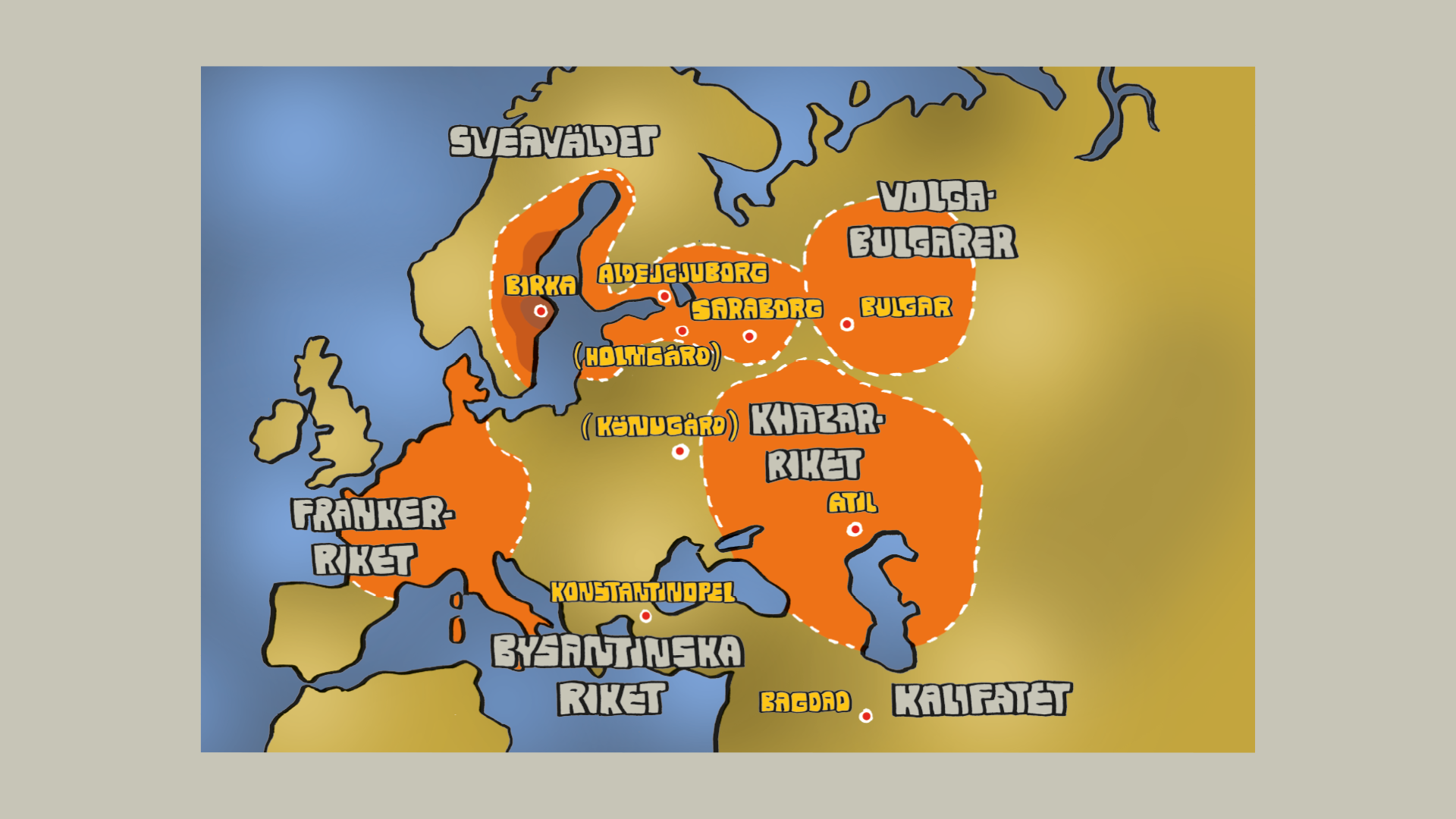 Från slutet av 700-talet fram till 860-talets kris var Sveaväldet arealmässigt större än någonsin tidigare eller senare. Kontrollen över det yttre området (streckad gräns) var dock bräcklig, och bestod huvudsakligen av maffialiknande tribut- och handelsavtal, som utgick från kungligt grundade handelsplatser och kolonier som Aldejgjuborg och Saraborg. 