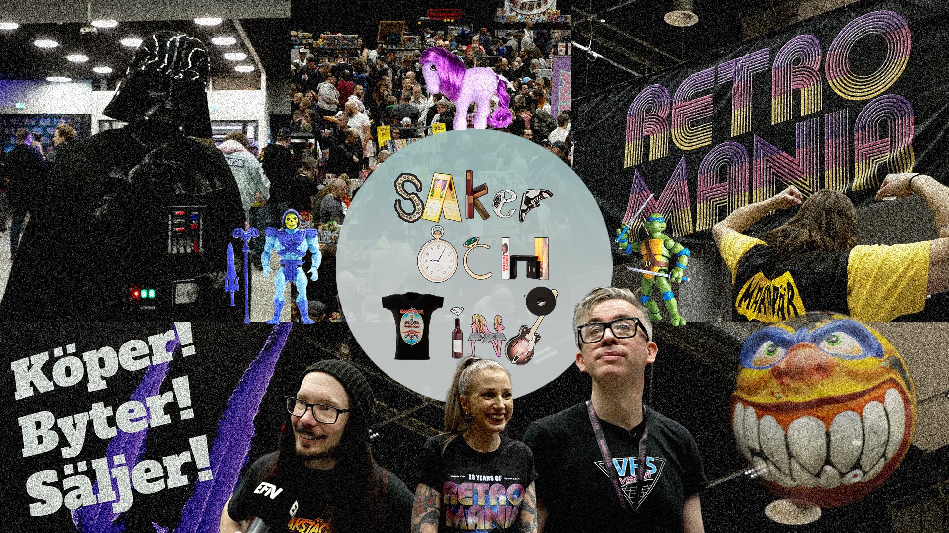 Tre personer poserar framför en retro-inspirerad utställning med Star Wars-figurer och 80-tals-dekoration på en fan-convention.