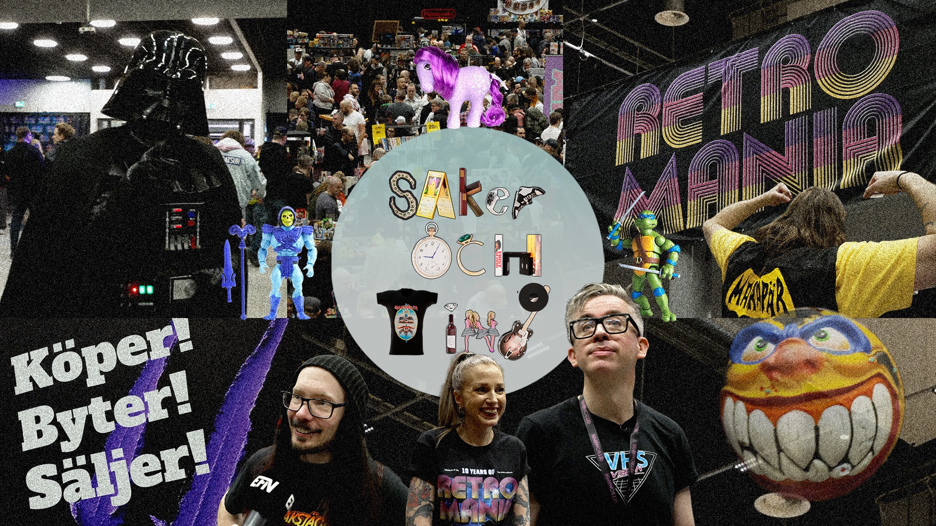 Tre personer poserar framför en retro-inspirerad utställning med Star Wars-figurer och 80-tals-dekoration på en fan-convention.