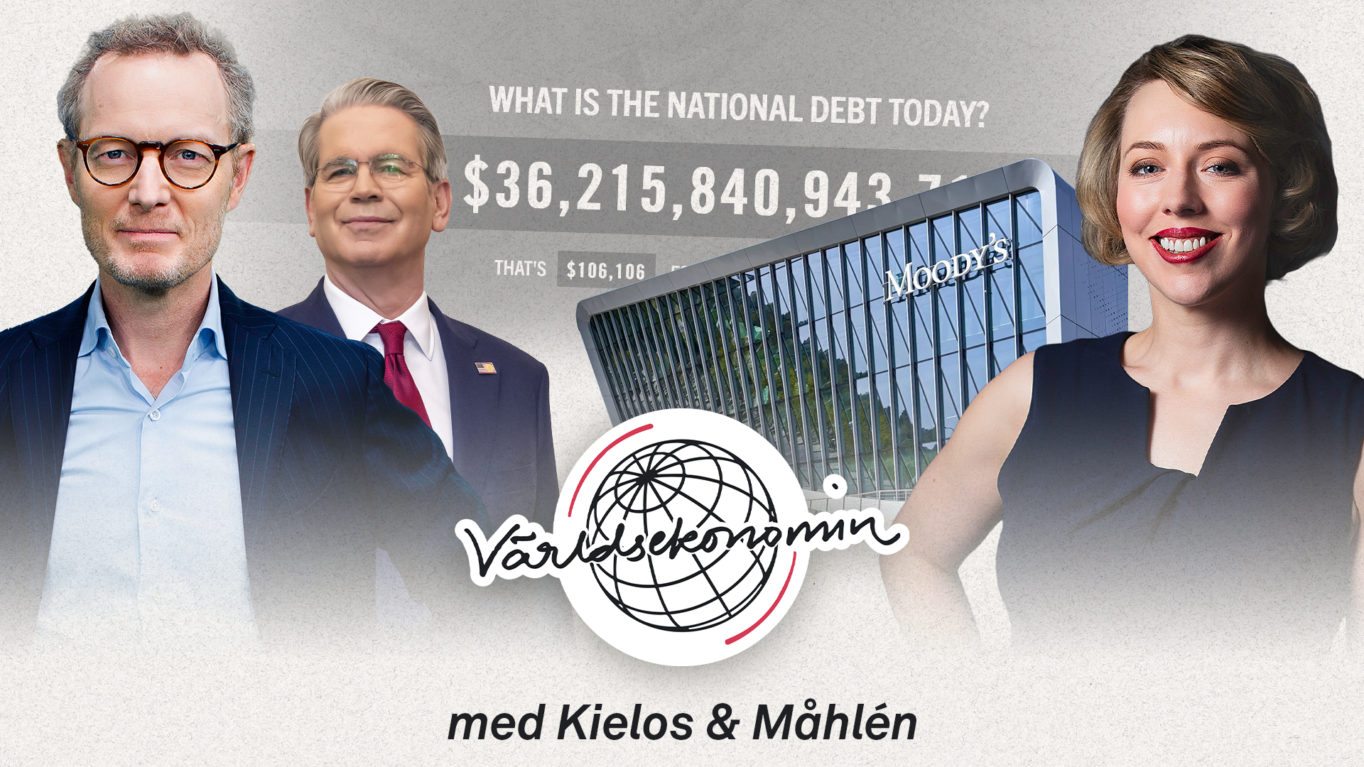 Ett montage med Claes Måhlén och Katrine Kielos, och Scott Bessent och Moodys kontor i bakgrunden.