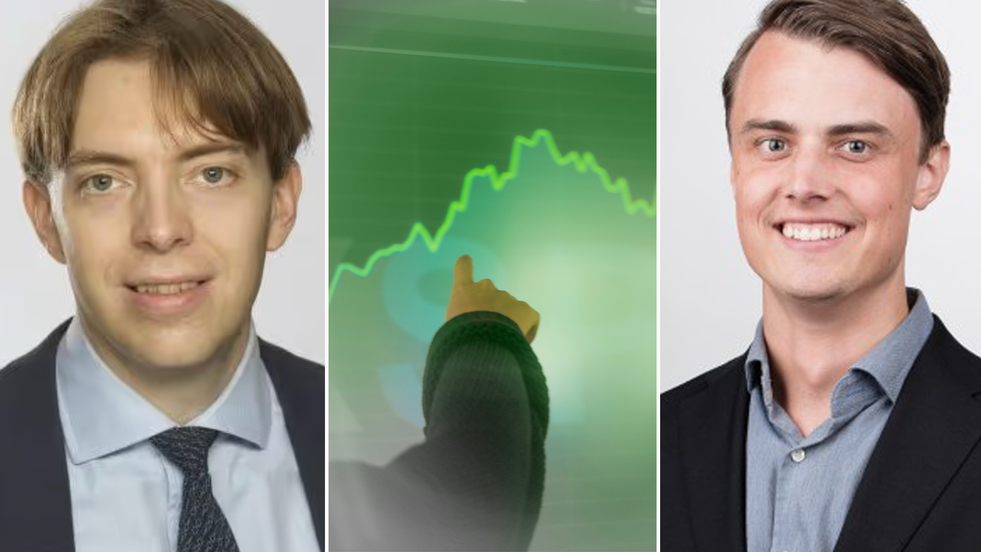 Två porträttfoton av män i professionell miljö flankerar en mittendel som visar en silhuett av en person mot en grön bakgrund med en stigande grafisk trendlinje.