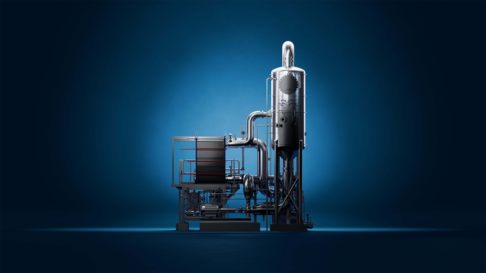 Industriell vätskebehandlingsutrustning från Alfa Laval med en vertikal behållare och horisontell enhet med rör och kopplingar mot blå bakgrund.