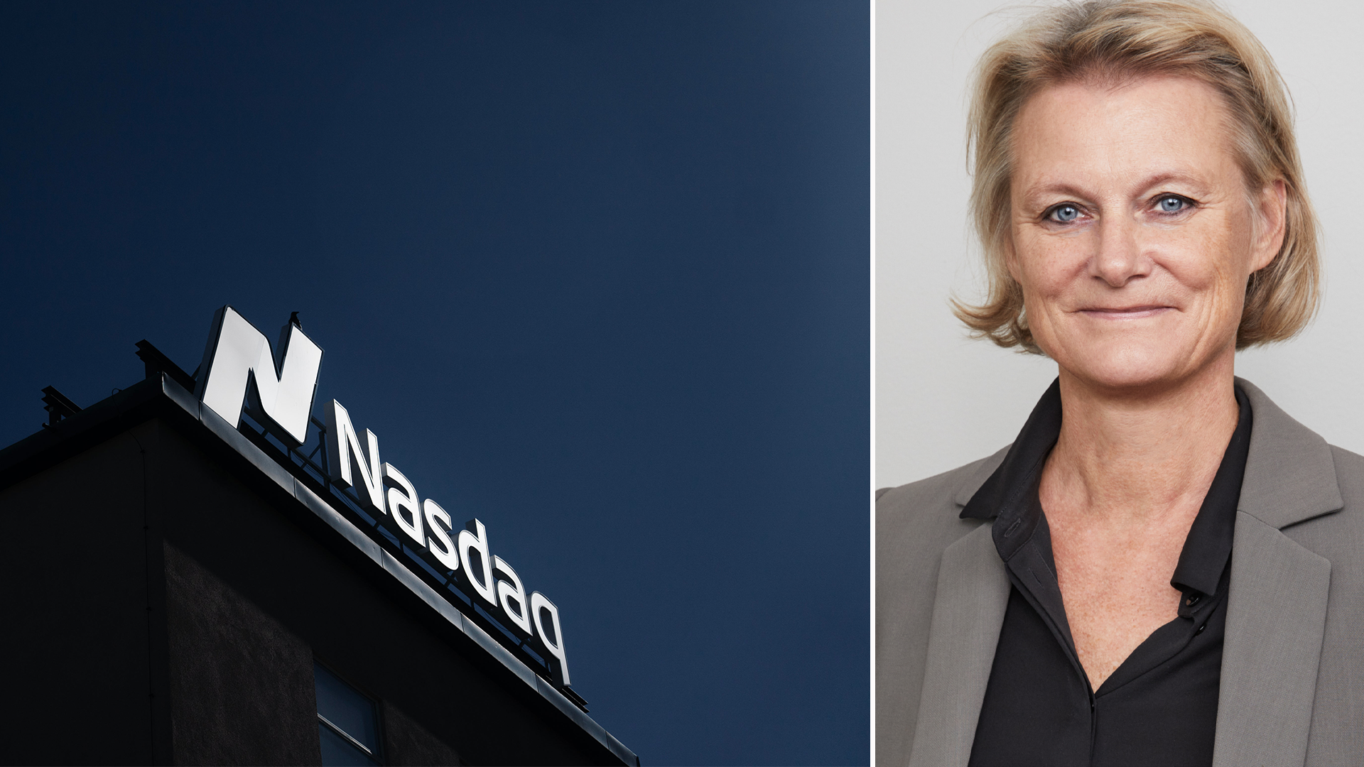 NASDAQ-skylt och porträtt av en kvinna i affärskläder