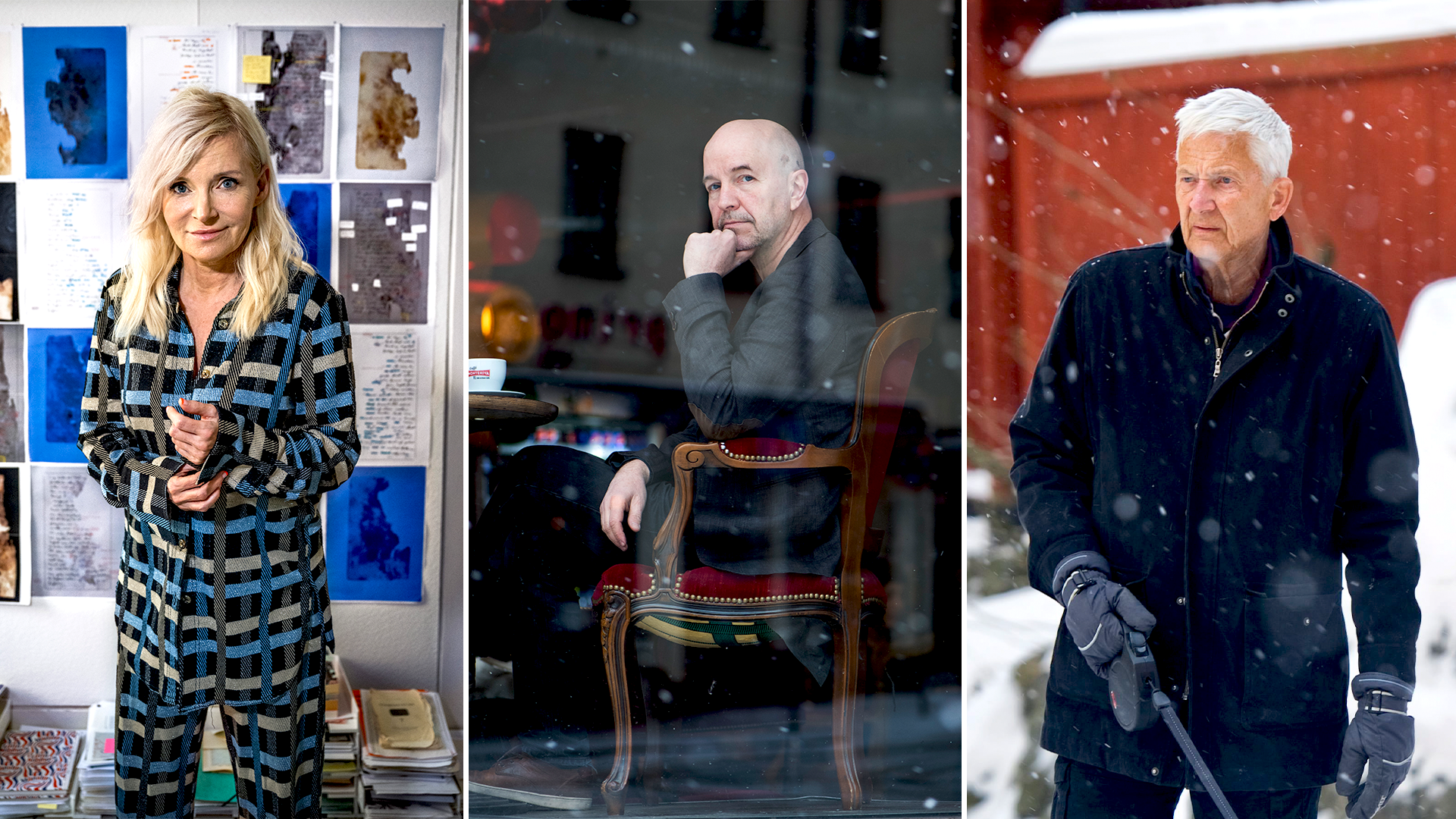 Porträtt av tre författare i olika miljöer
