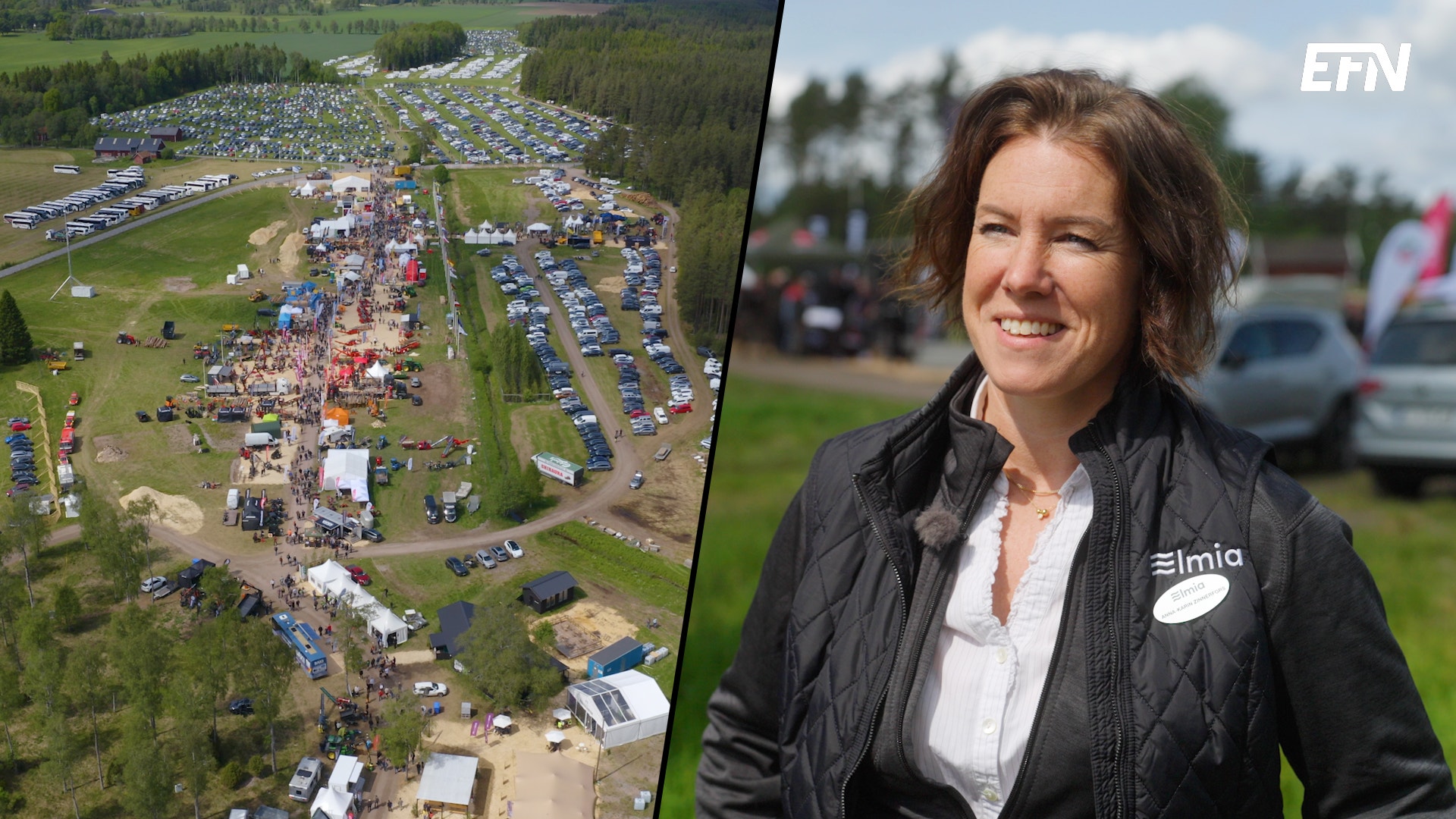 Ett montage med en överblick på fältet där Elmia Woods håller till, till vänster, och Anna-Karin Zinnerfors som ler med solen i ögonen, till höger.