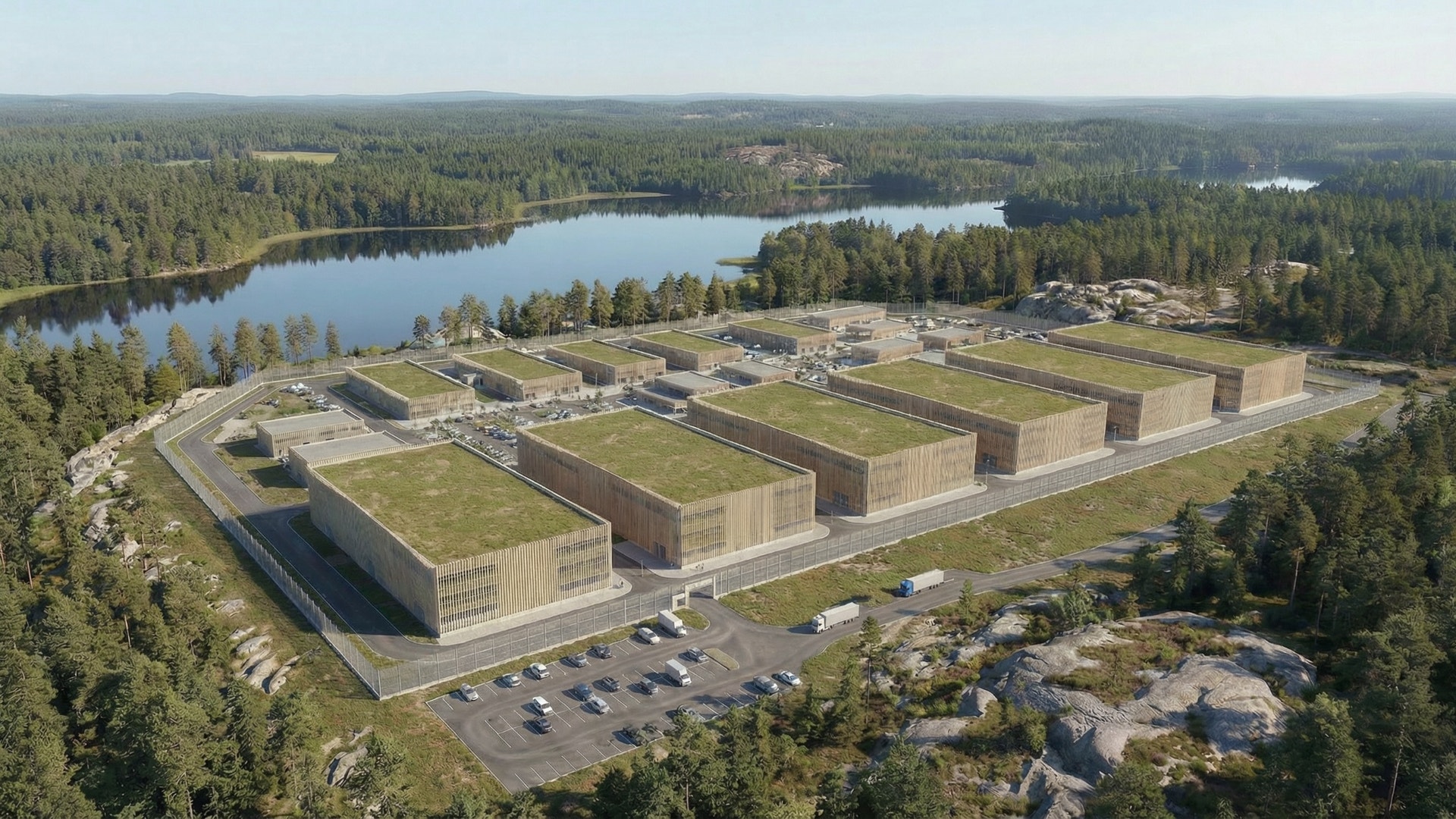 Flygfoto över en modern byggnad med gröna tak omgiven av skog och vatten.