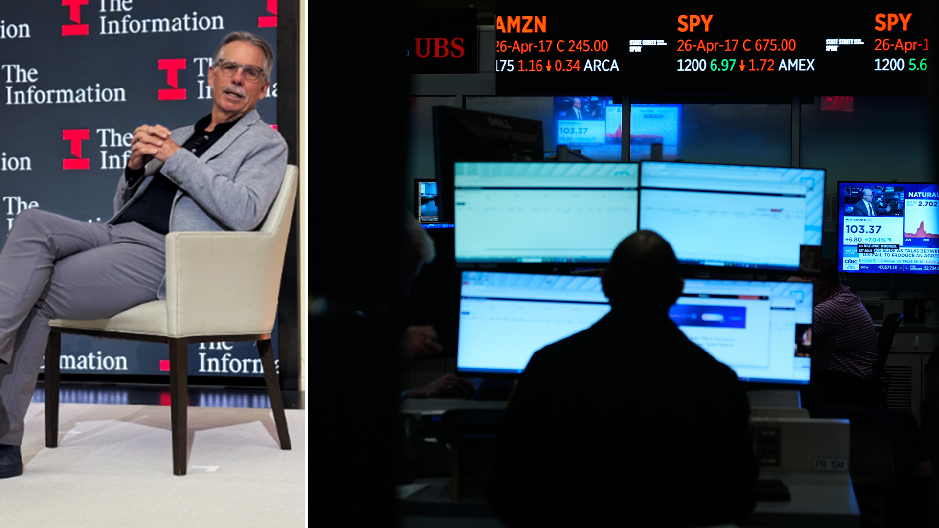 Två bilder: till vänster sitter en man i grå kostym i en stol framför The Information-logotyper. Till höger ser man en silhuett av en person som tittar på flera datorskärmar med finansiell data och aktiekurser.