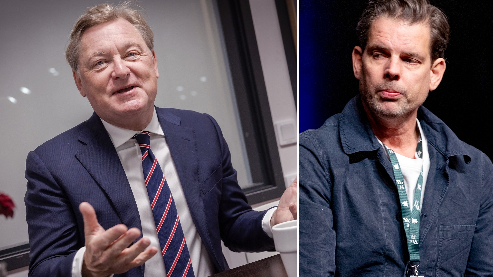 Split-screen foto av två män. Till vänster en äldre man i mörkblå kostym med randig slips som gestikulerar under ett tal. Till höger en yngre man i mörkblå skjorta som tittar rakt mot kameran.
