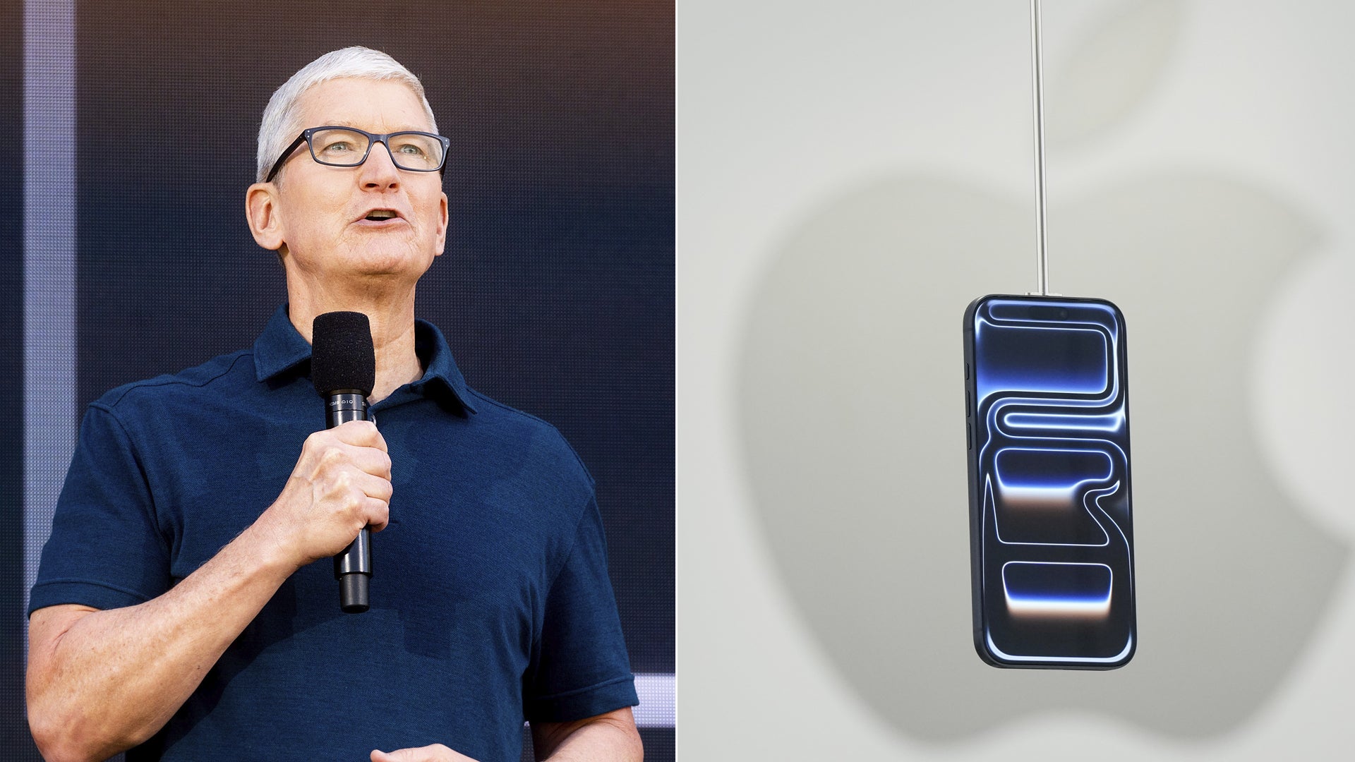 En man talar i mikrofon bredvid Apples logotyp med neonljus