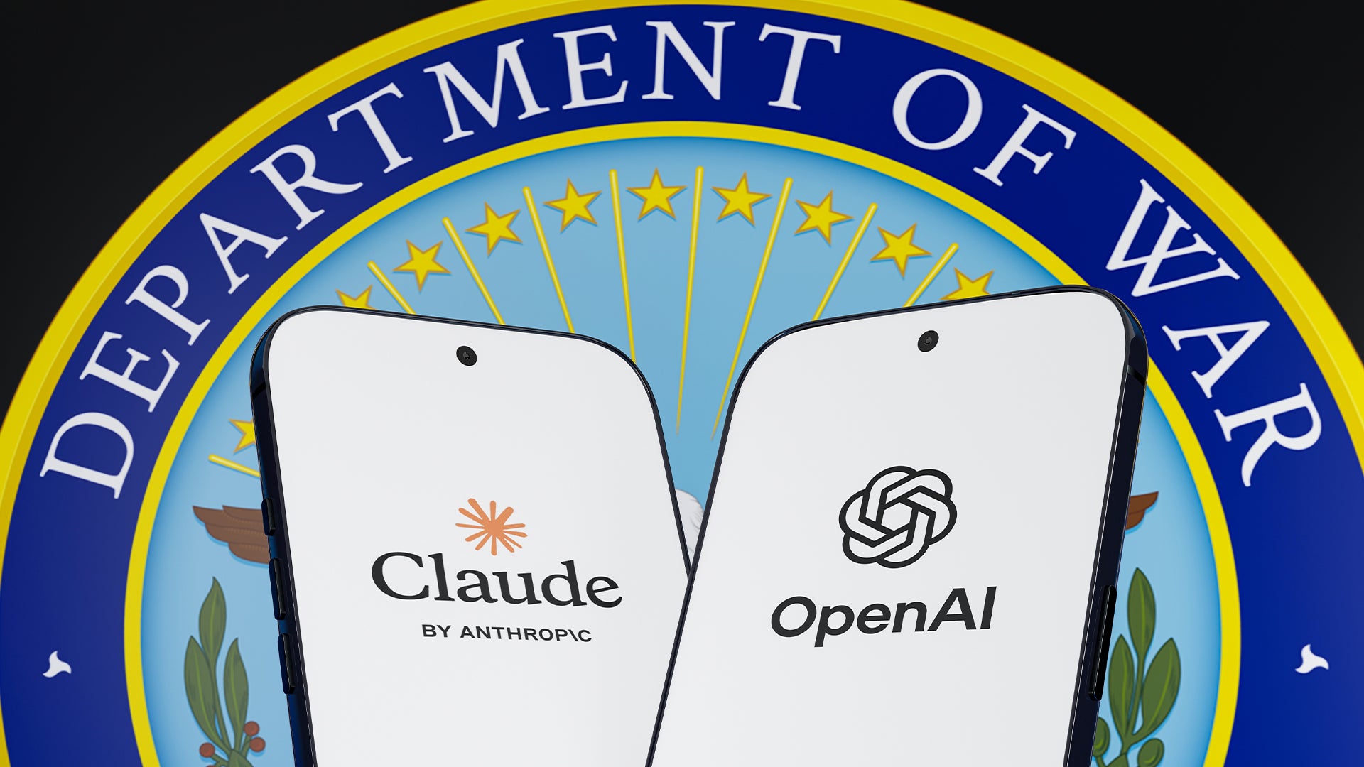 Satirisk bild som visar två smartphones med logotyperna för Claude och OpenAI inom en regeringssigill med texten Department of War.