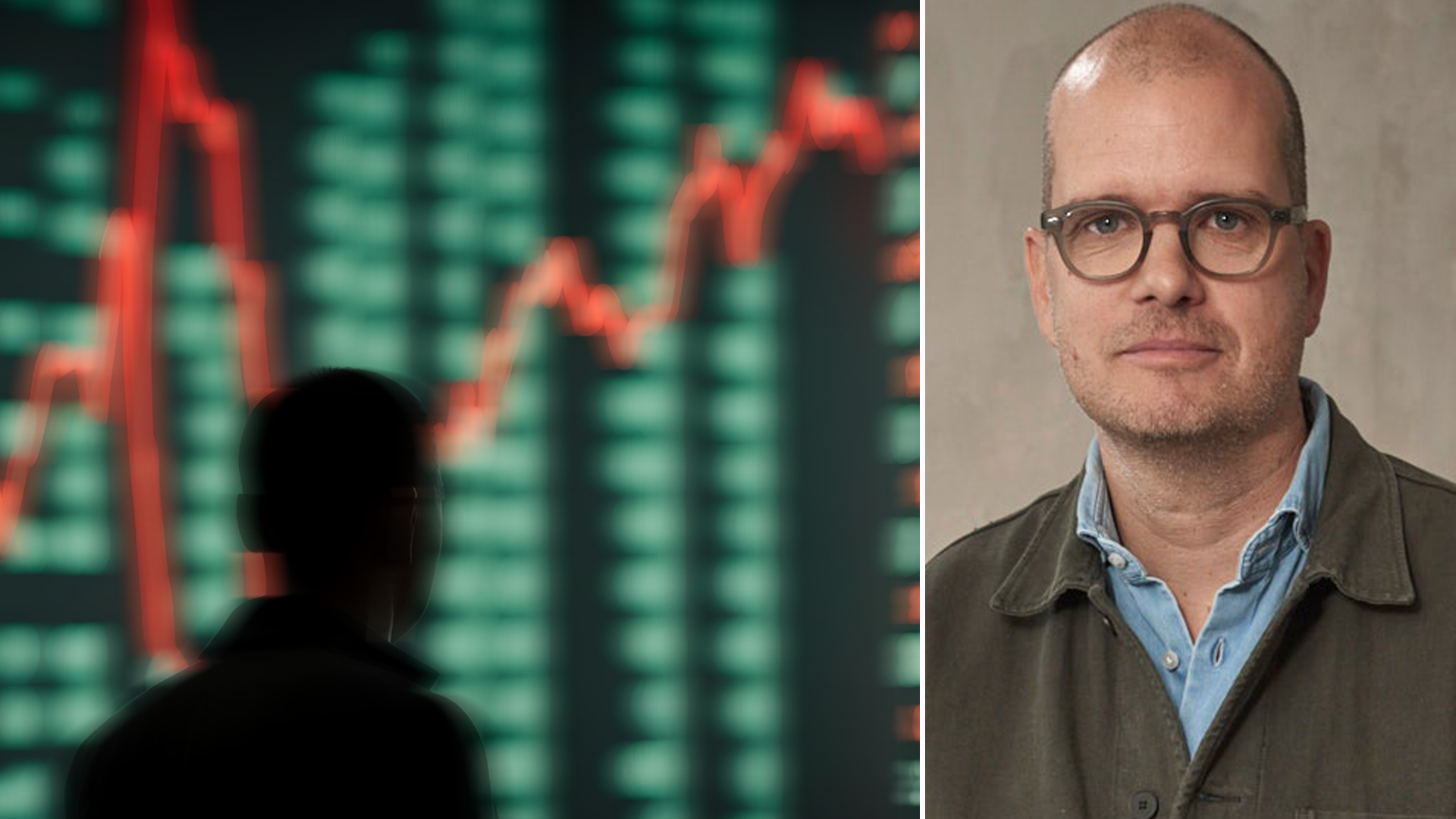 Porträttbild av en man med glasögon tillsammans med en silhuett av en person framför en börsvisning med röda och gröna aktiekurser.