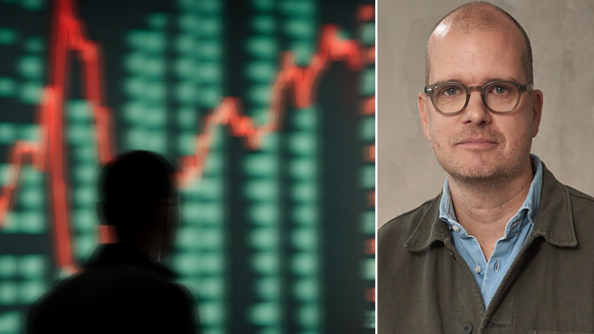 Porträttbild av en man med glasögon tillsammans med en silhuett av en person framför en börsvisning med röda och gröna aktiekurser.