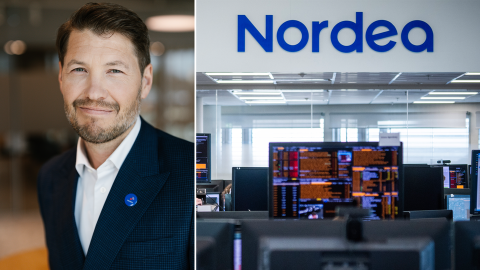 Per Långsved, Sverigechef på Nordea, till vänster. Bild inifrån Nordea-kontor till höger.
