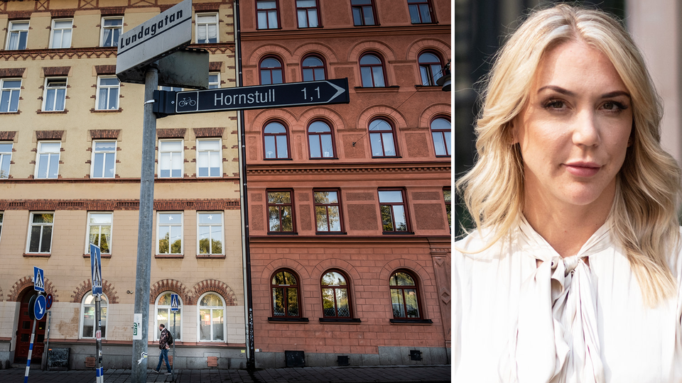 Splitbild på Frida Bratt och en fastighetsfasad.