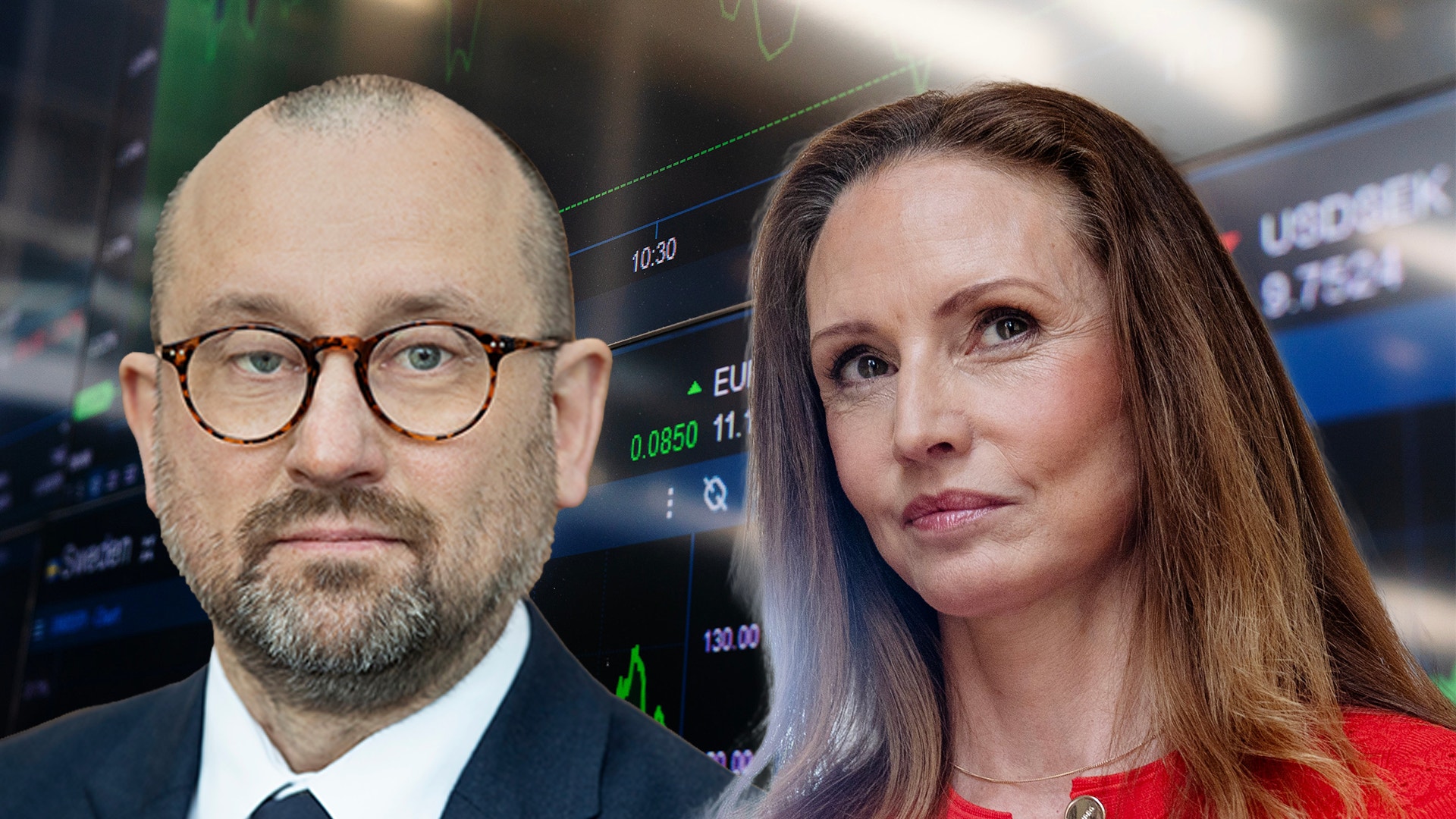 Porträtt av två personer framför en bakgrund med finansiella börskurser och data.