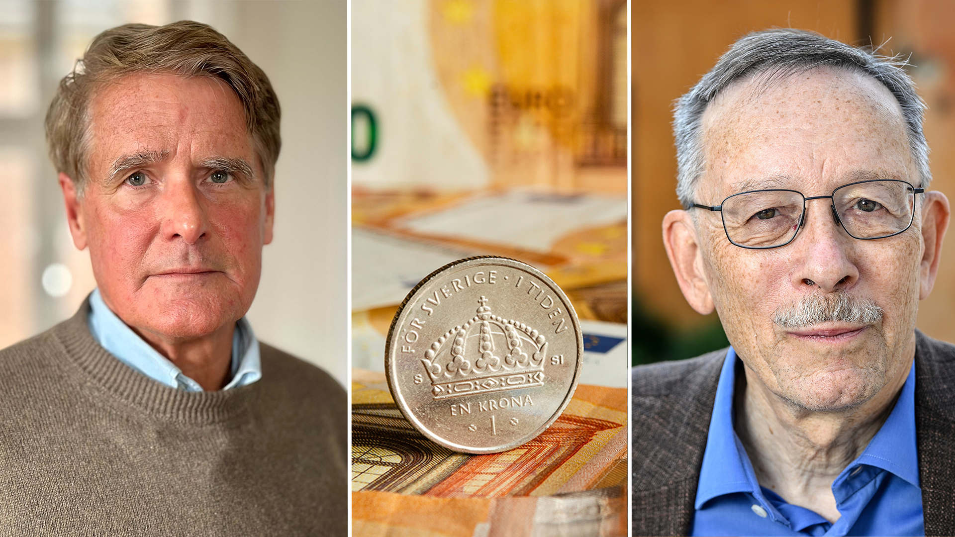 Christer Gardell och Lars Calmfors tillsammans med ett enkronorsmynt.