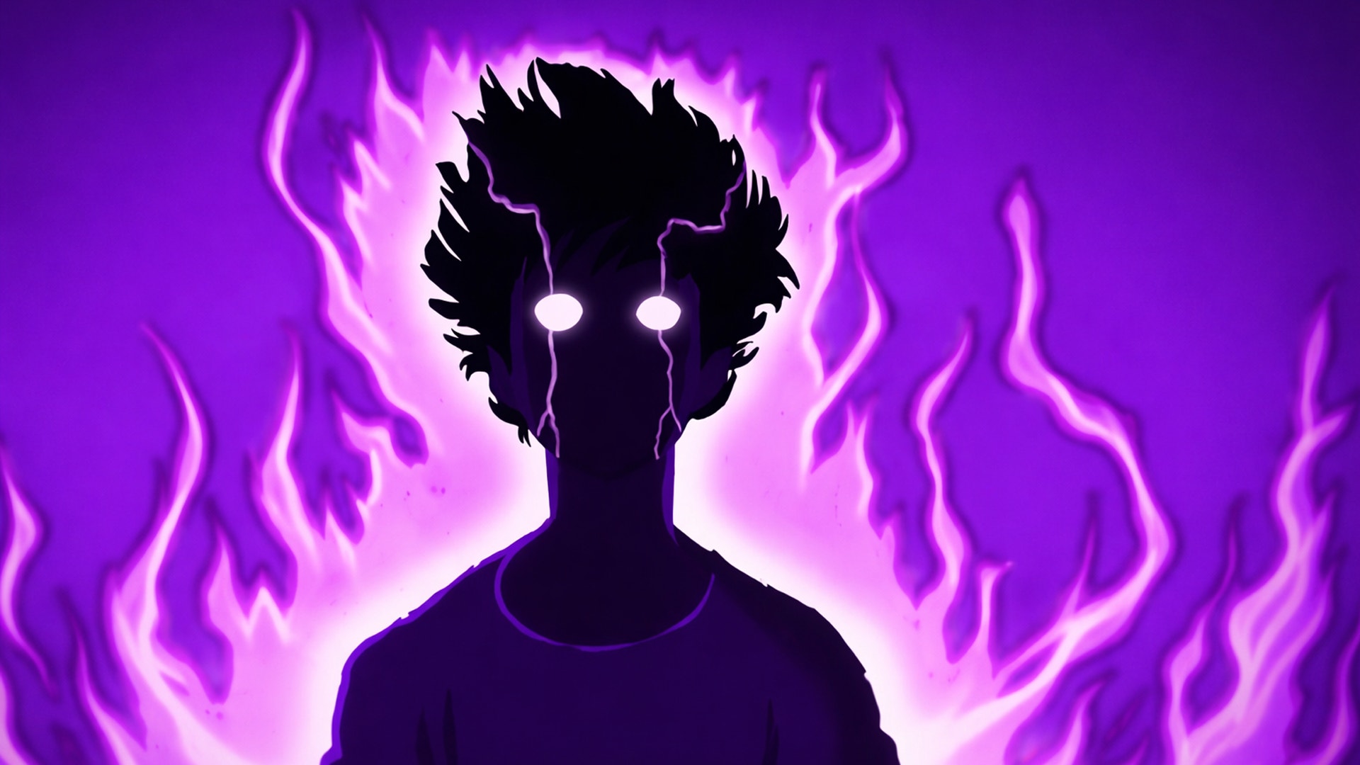 En tecknad figur med kort hår som sticker rakt upp. Ögonen är som laser och ur dem kommer blixtrar som går uppåt i ansiktet. Bakgrunden är lila eldflammor.