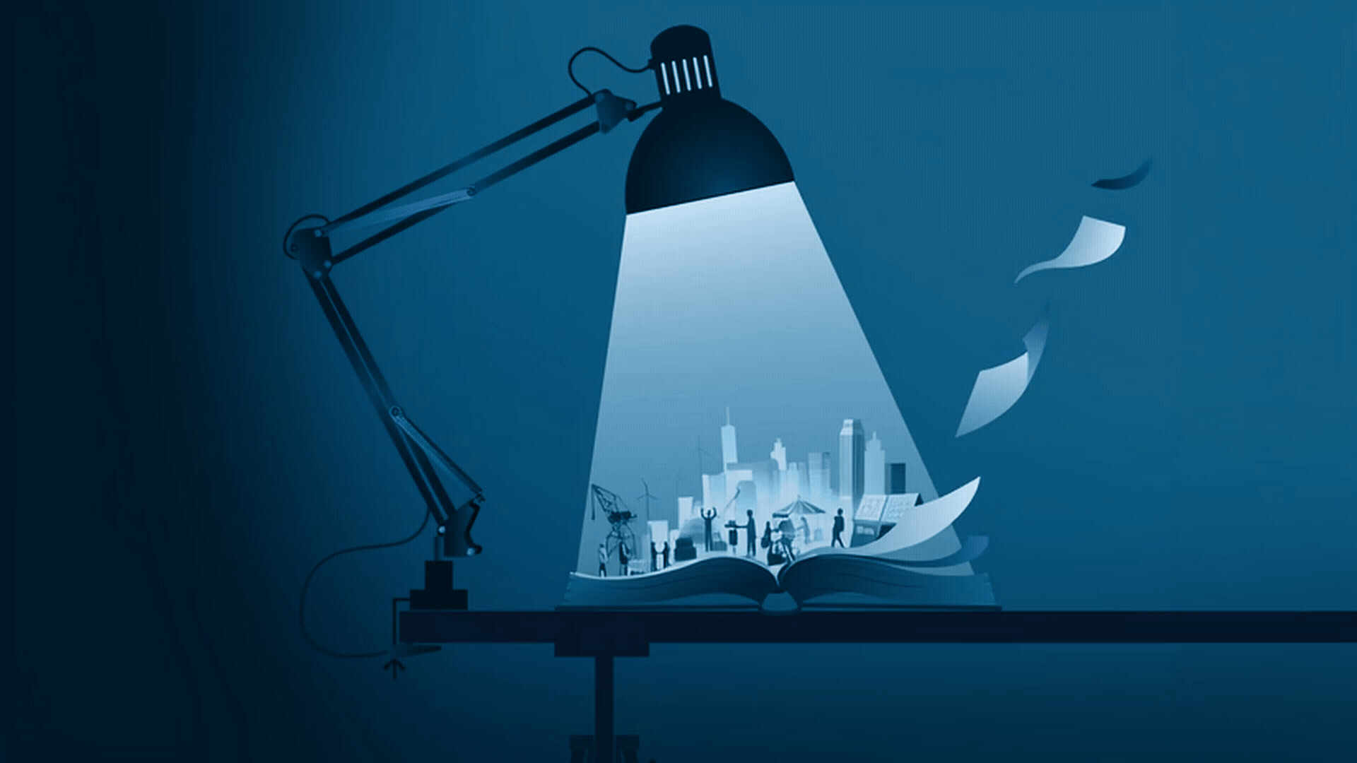 Skrivbordslampa som lyser upp en stadssiluett med flygande papper på blå bakgrund