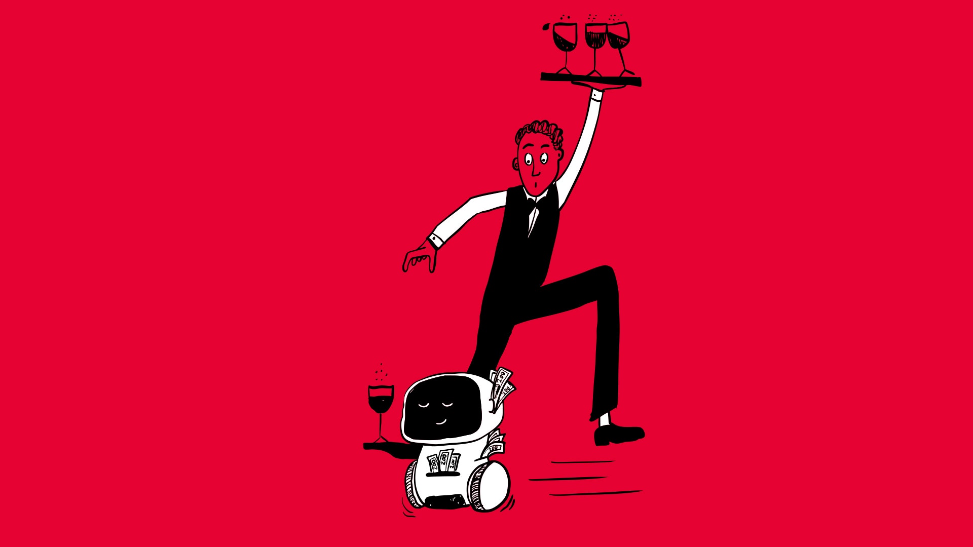 Illustration av en person i svart kostym som hoppar på en vit robot med armarna upphöjda på en röd bakgrund.