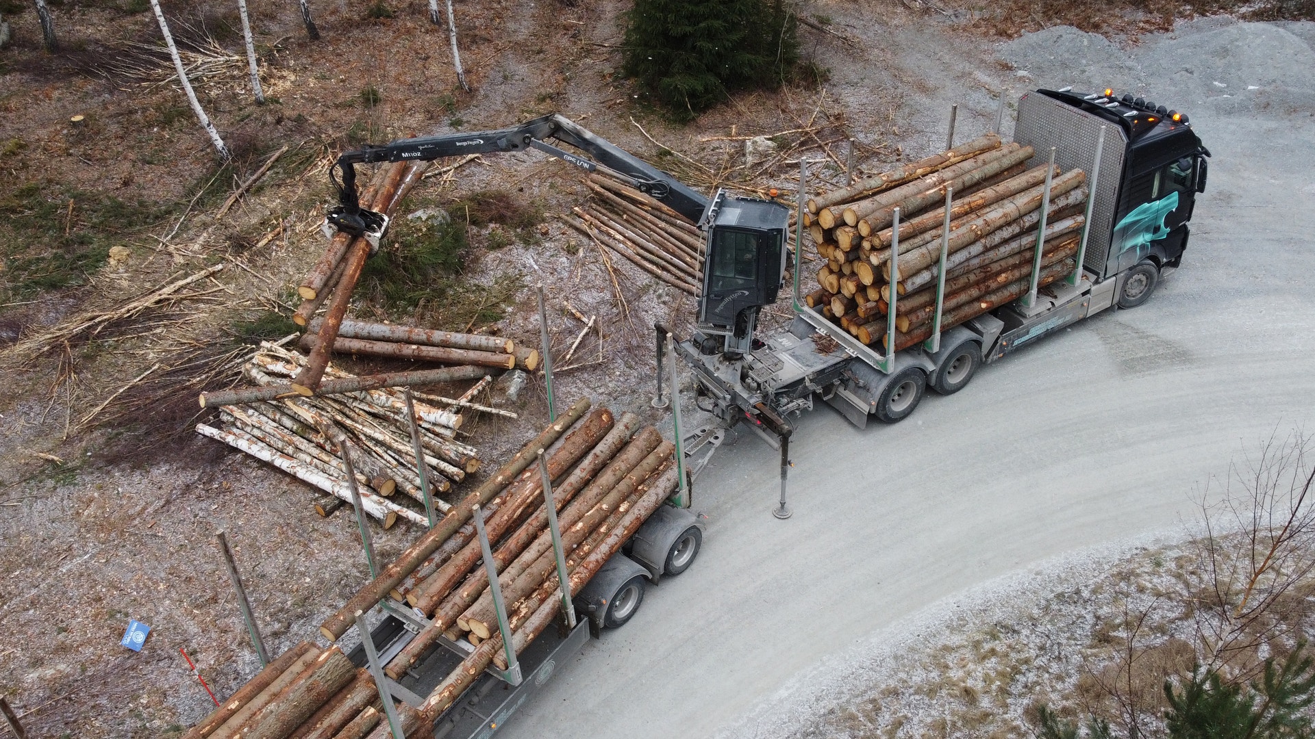 En timmerbil med kran lastar avverkade timmerstockar på en grusväg i skogen, sedd ovanifrån.