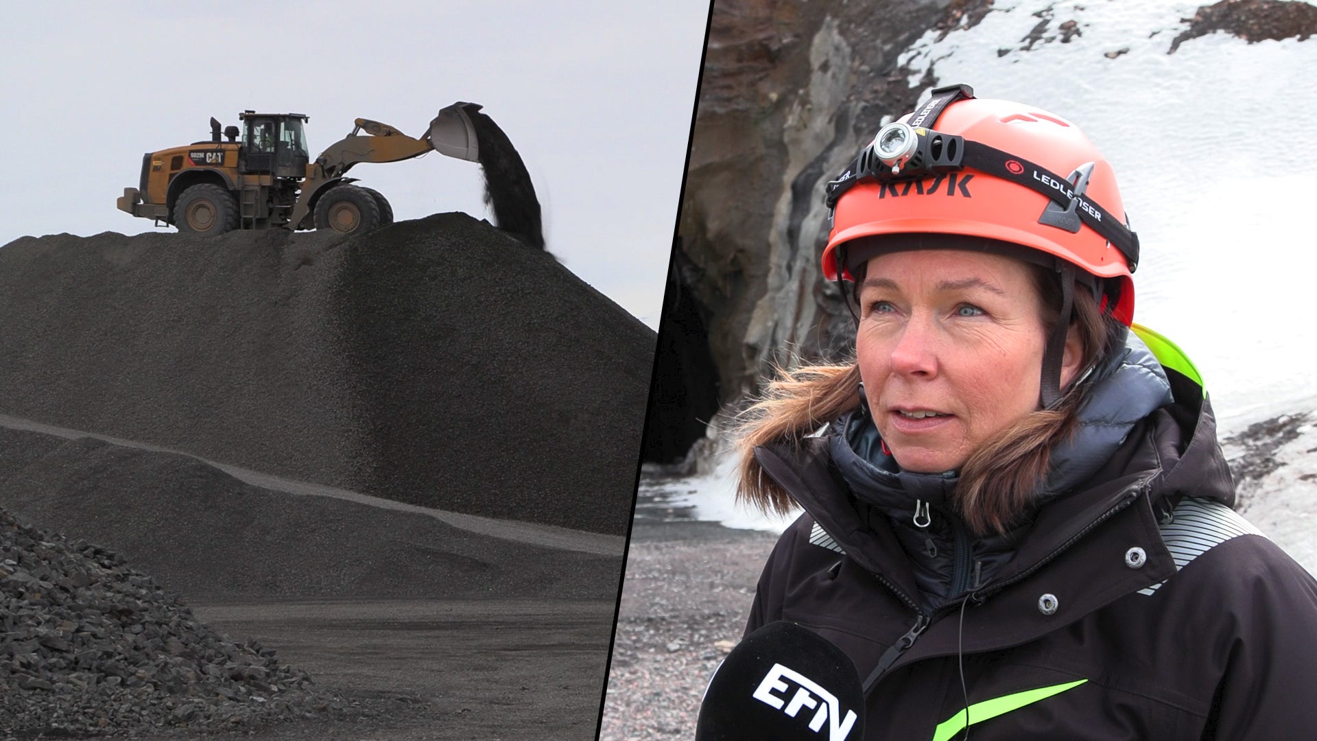 Ett montage med en traktor på en grushög till vänster och Anna Tyni i hjälm till höger.