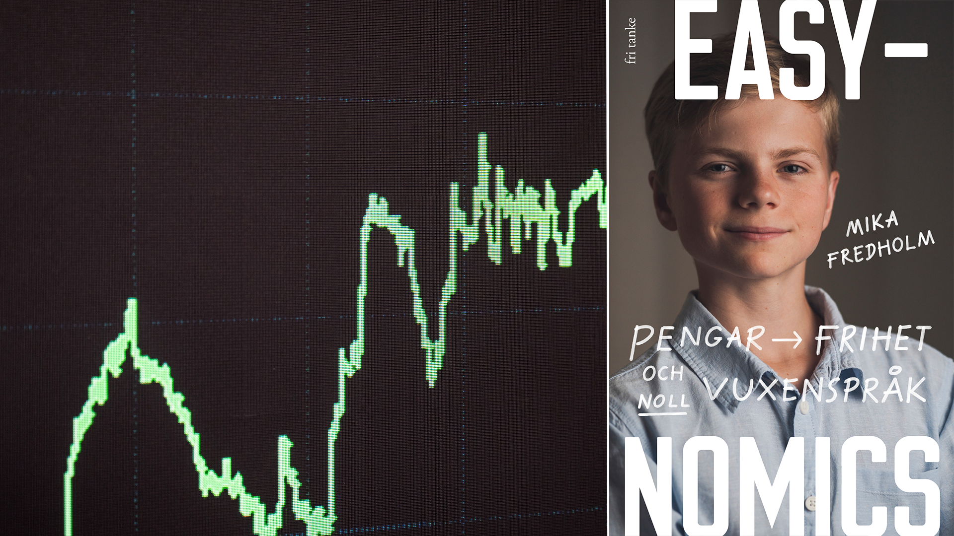 Bokomslag för Easynomics med en grön aktiekursgraf på vänster sida och ett porträtt av en pojke på höger sida med text om ekonomi.