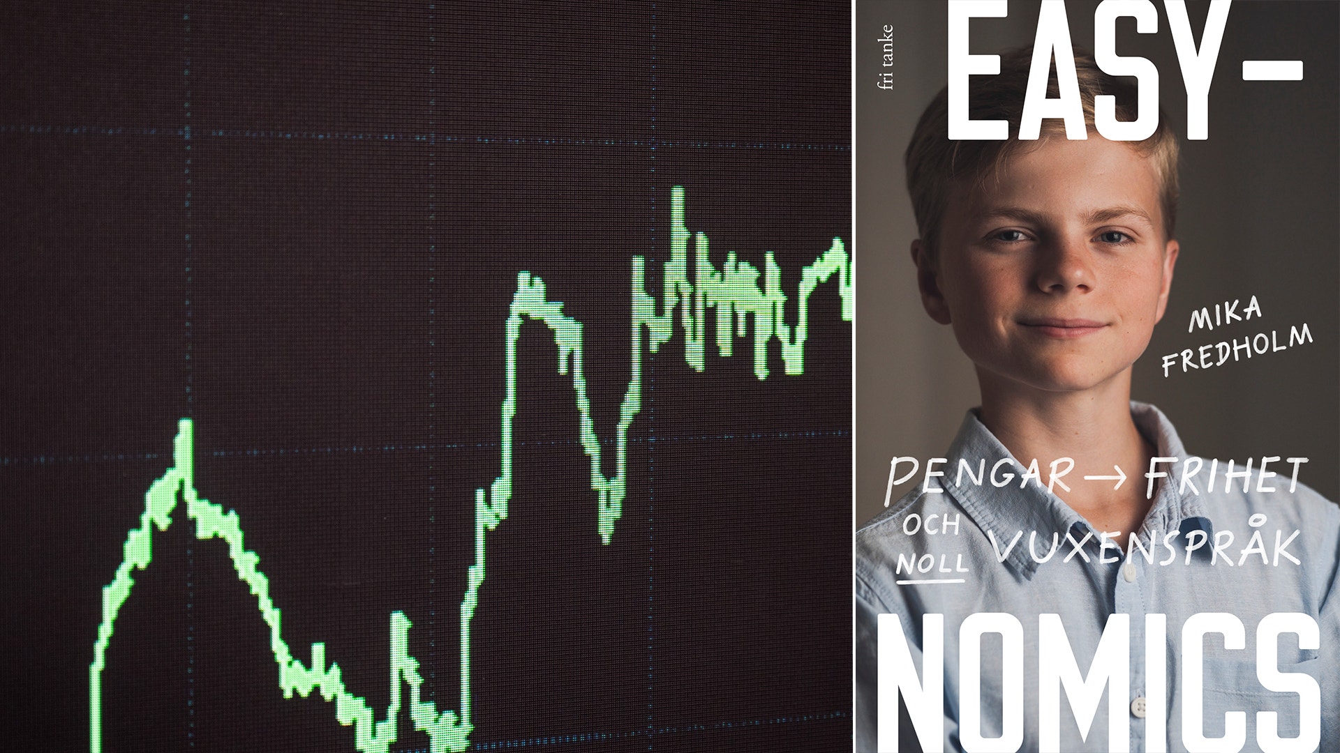 Bokomslag för Easynomics med en grön aktiekursgraf på vänster sida och ett porträtt av en pojke på höger sida med text om ekonomi.