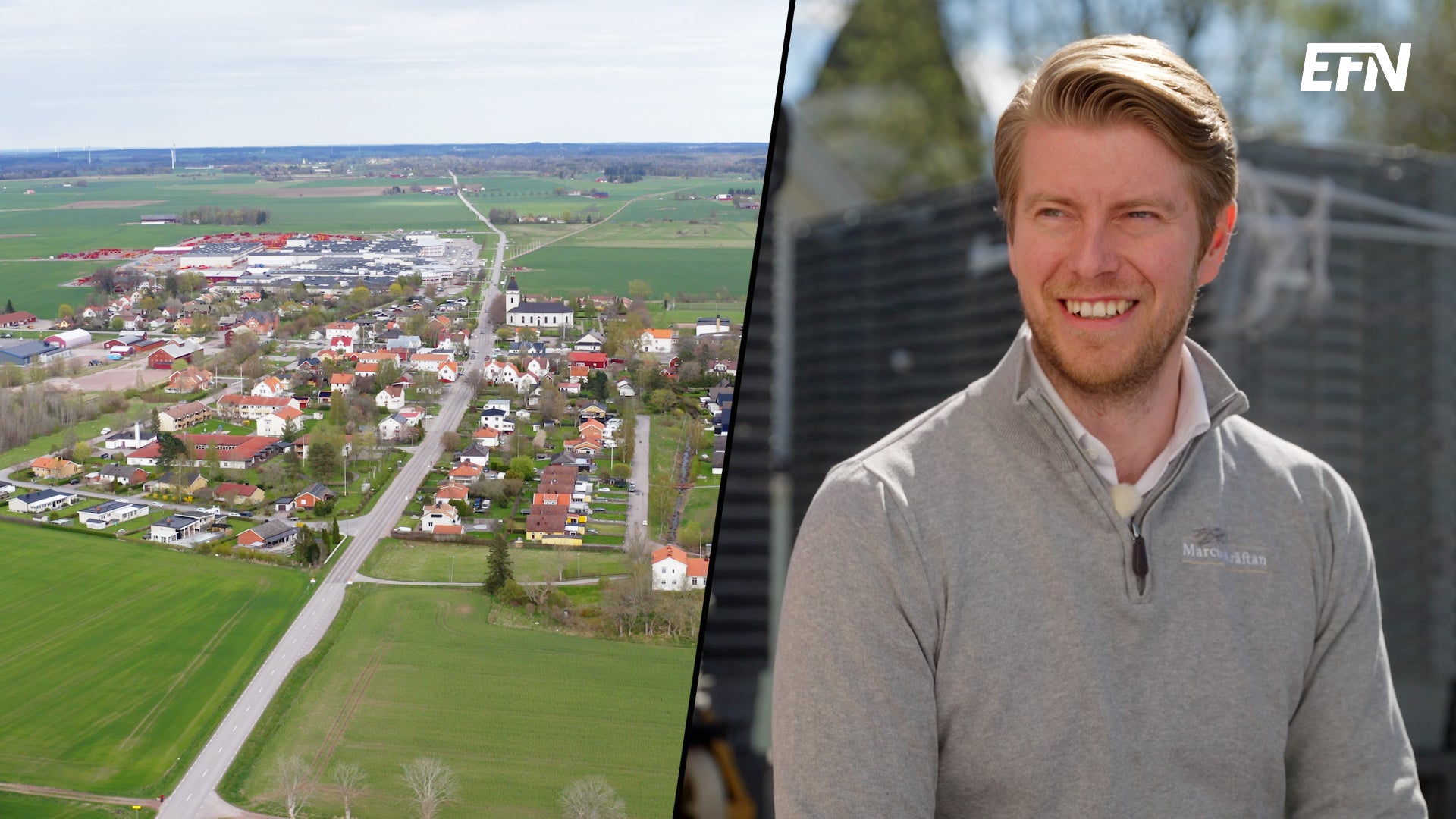 Ett montage med en överblick över Väderstad till vänster, och en leende Mathias Cah till höger.