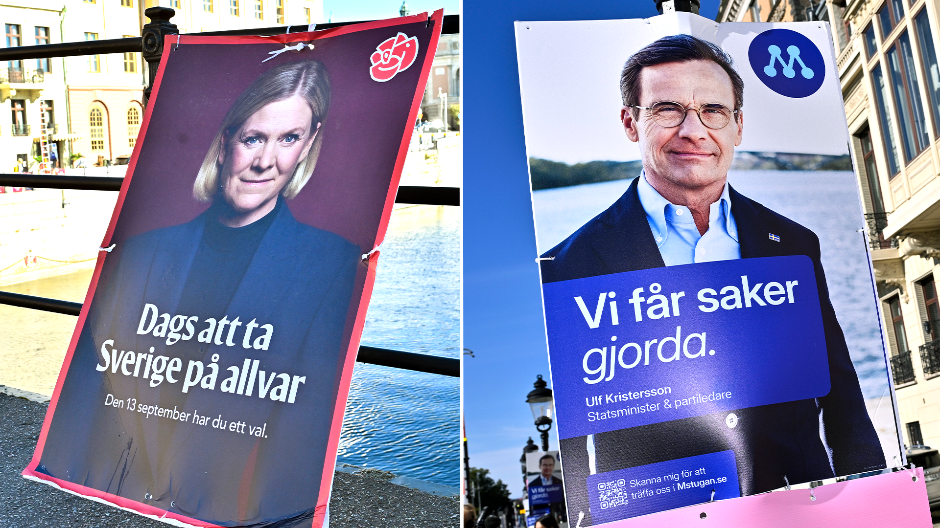 Valaffischer för Socialdemokraterna och Moderaterna uppsatta utomhus vid en kaj.