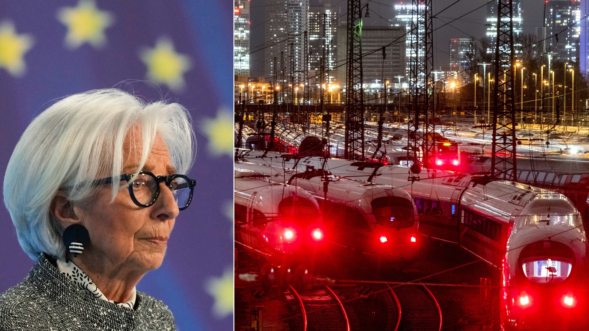 Två bilder: till vänster en äldre kvinna med vita hår och glasögon talar vid ett podium med EU-flagga i bakgrunden, till höger en byggarbetsplats på natten med röda varningsljus och stadshorisont.