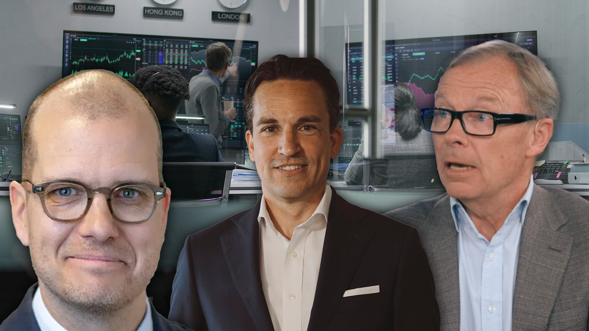 Jaokim Bornold, Jon Arnell och Peter Malmqvist spår framtiden på börsen. Detta är ett montage av dem tre inklippta över en bakgrund av börstraders.