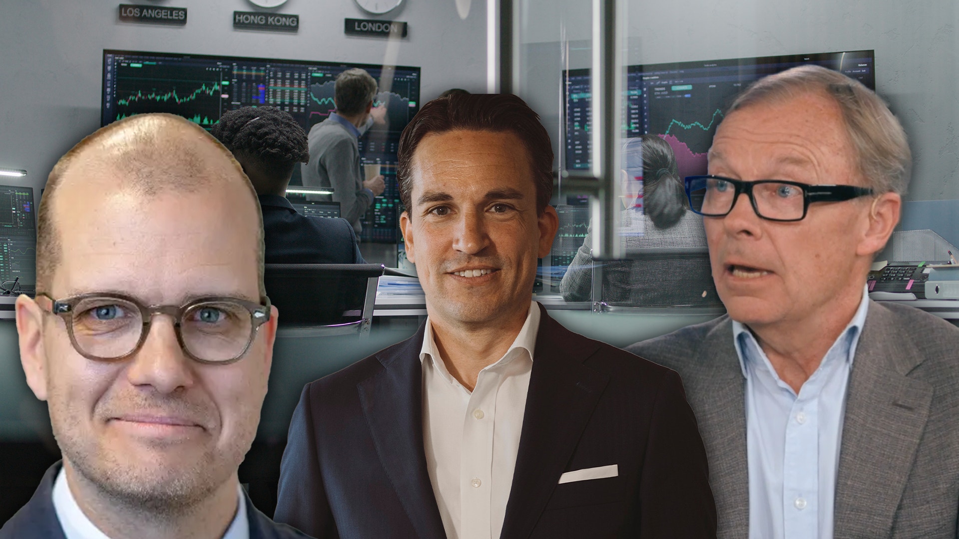 Jaokim Bornold, Jon Arnell och Peter Malmqvist spår framtiden på börsen. Detta är ett montage av dem tre inklippta över en bakgrund av börstraders.