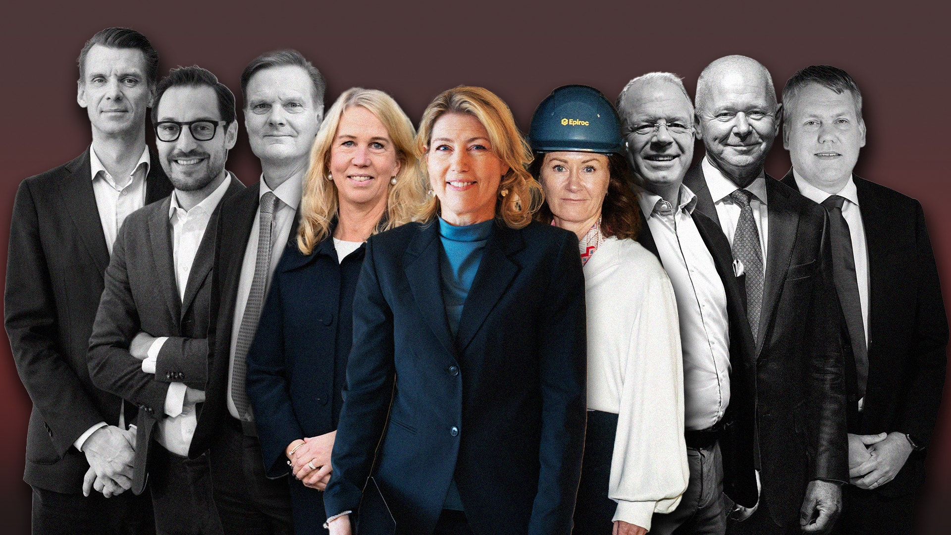 Gruppfoto av nio personer i affärsklädsel mot en vinröd bakgrund