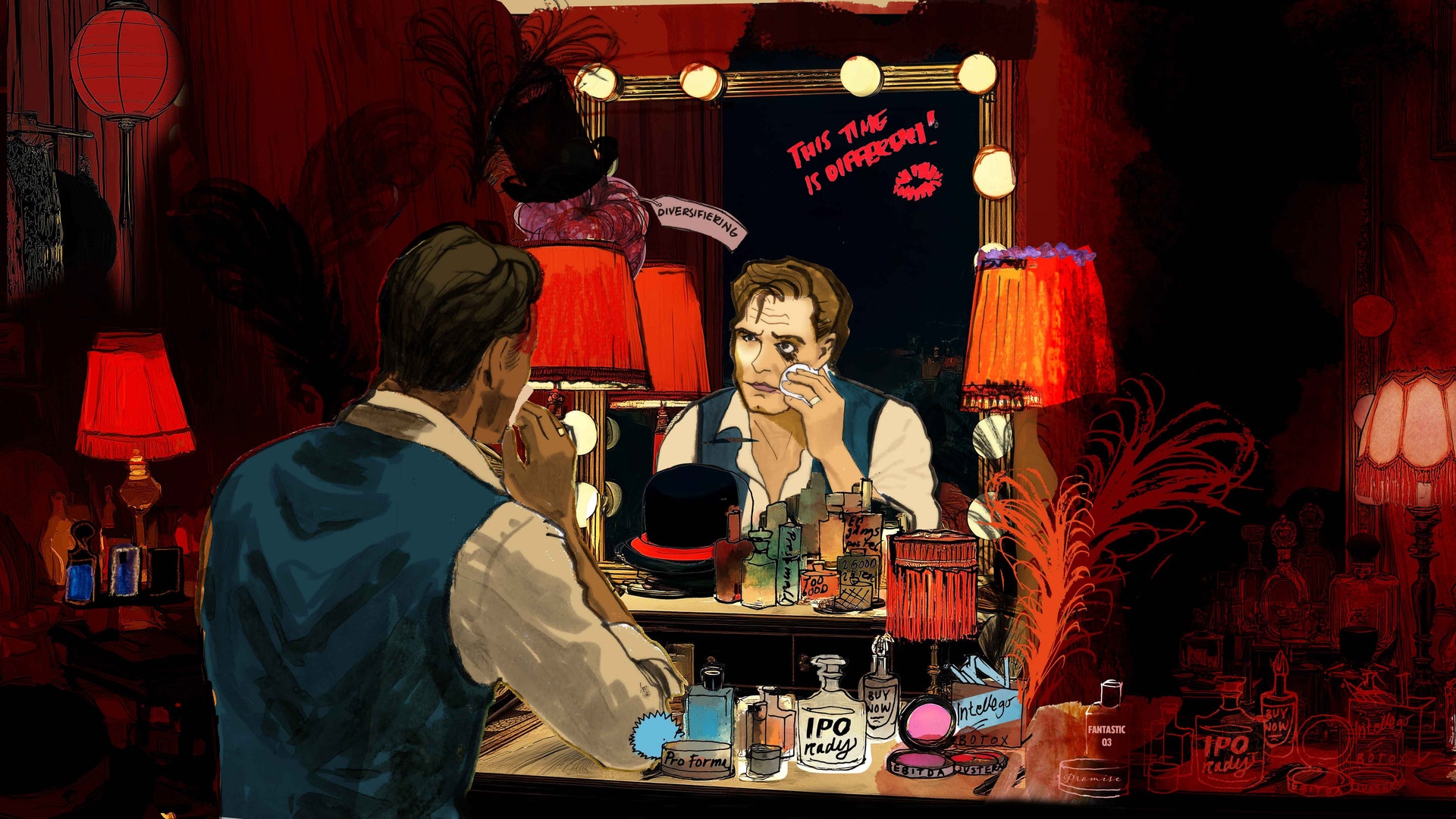 Illustration av en person som sitter vid ett sminkbord med spegel omgiven av lampor och sminkprodukter.